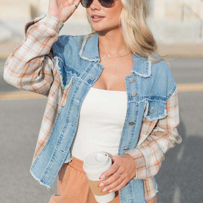 Leads To You Brown Plaid and Denim Jacket FINAL SALE Product Image