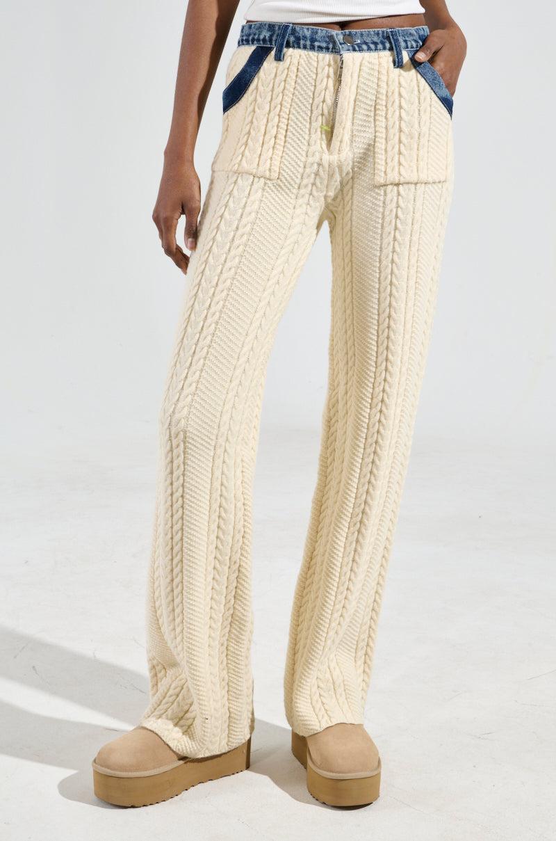 WORTHY OF LOVE CABLE KNIT STRAIGHT LEG PANT IN CREAM Product Image