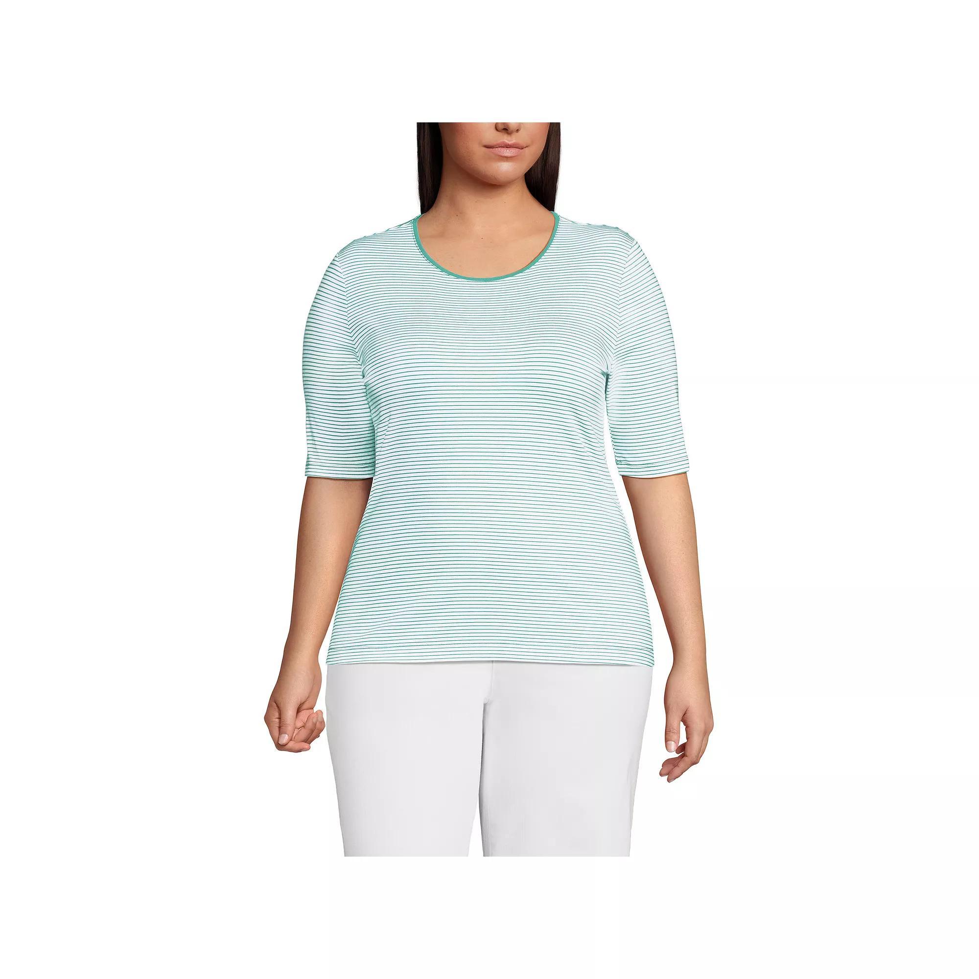 Plus Size Lands' End Elbow Sleeve Jersey Crewneck Top, Women's, Size: 1XL, White Green Stripe Product Image