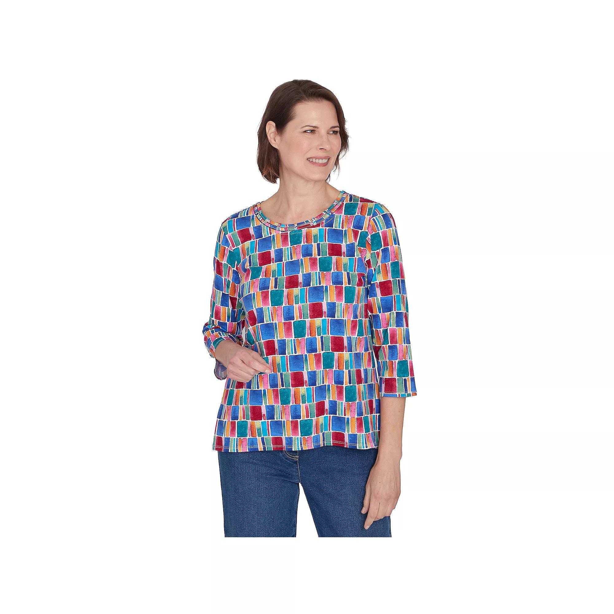 Petite Alfred Dunner Box Print Short Sleeve Top, Women's, Size: Large Petite, Multi Blue Product Image