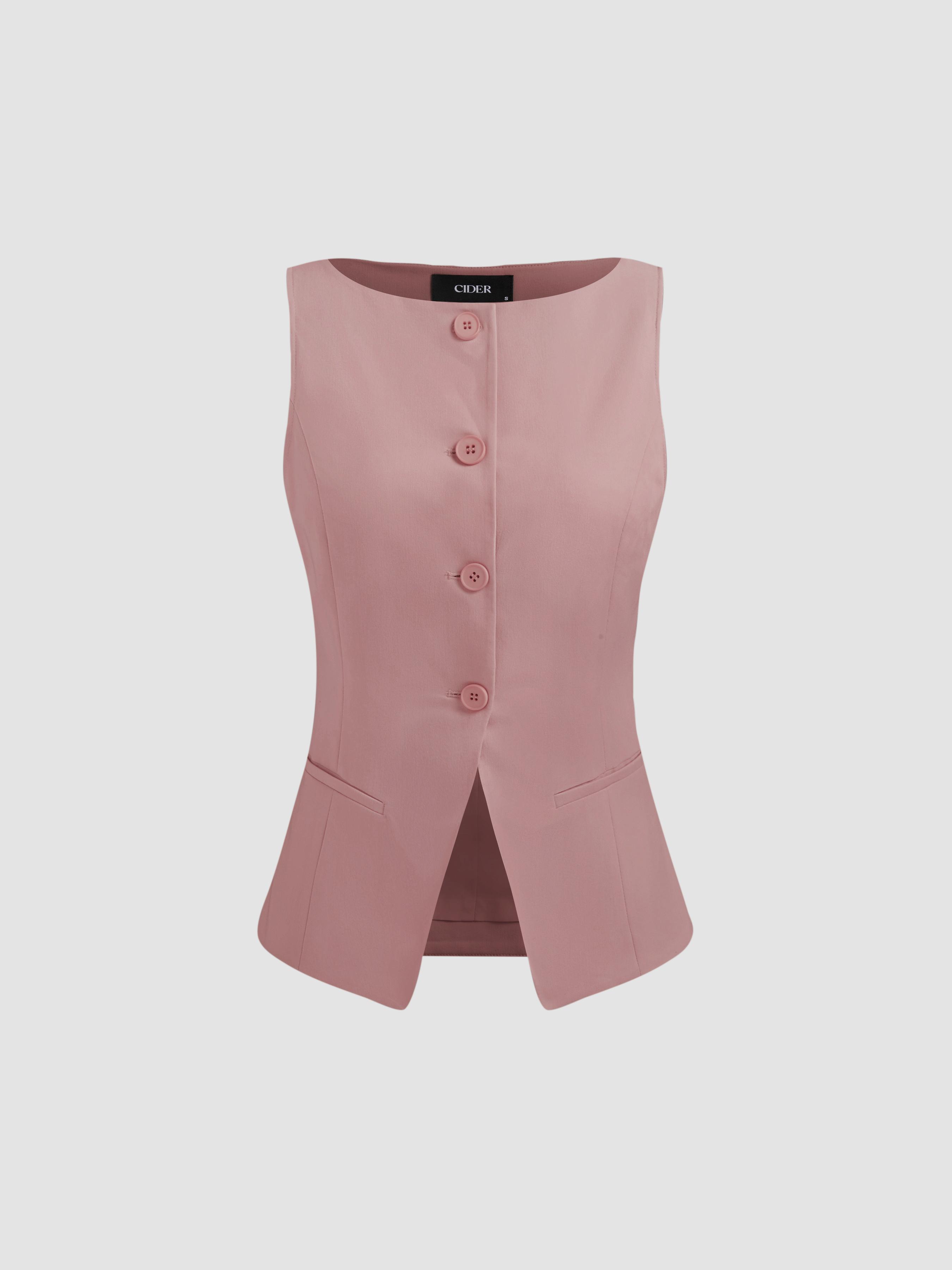 Vest Women Woven Woven Boat Neck Solid Button Vest For Work Product Image