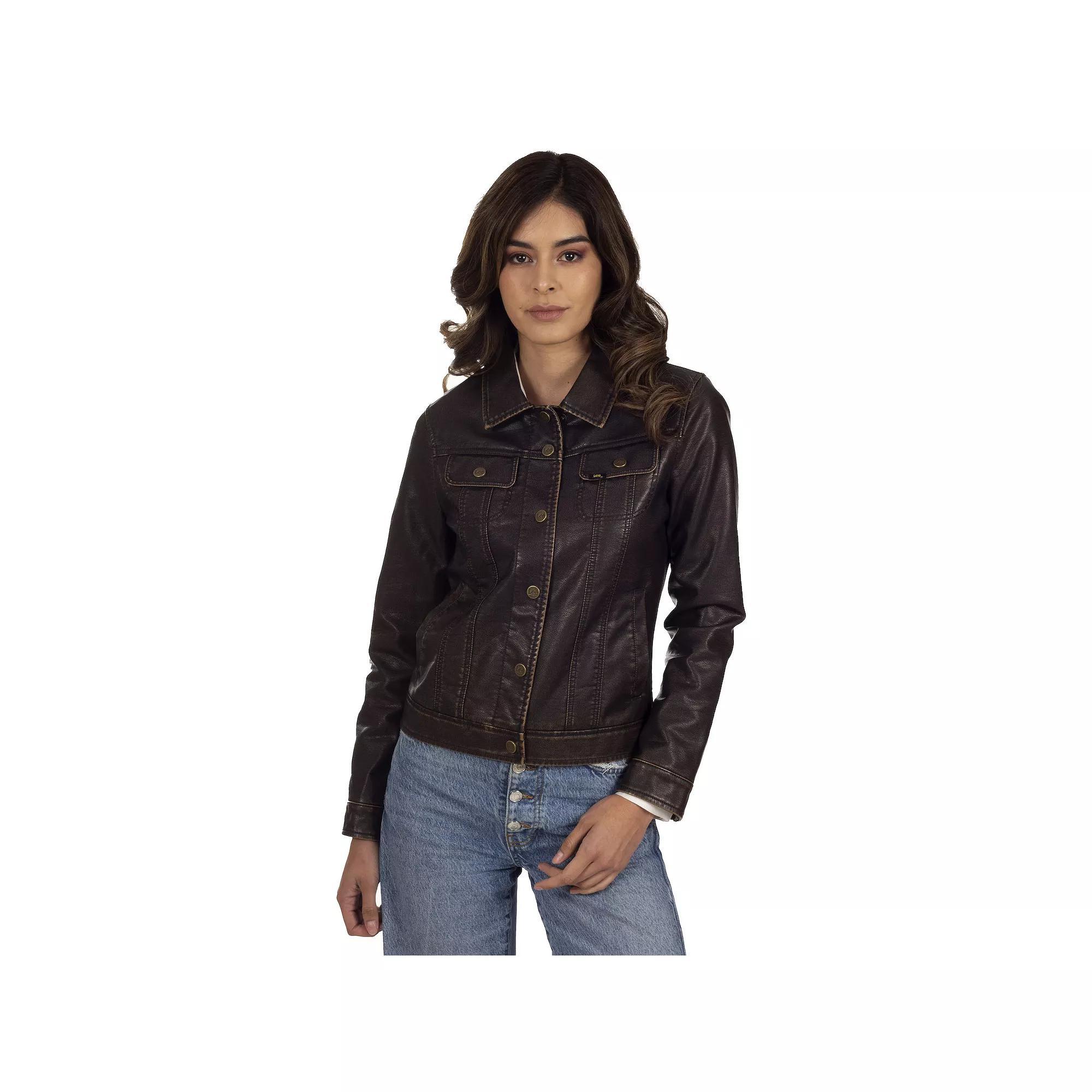 Women's Lee Faux-Leather Classic Trucker Jacket, Size: Large, Brown Product Image