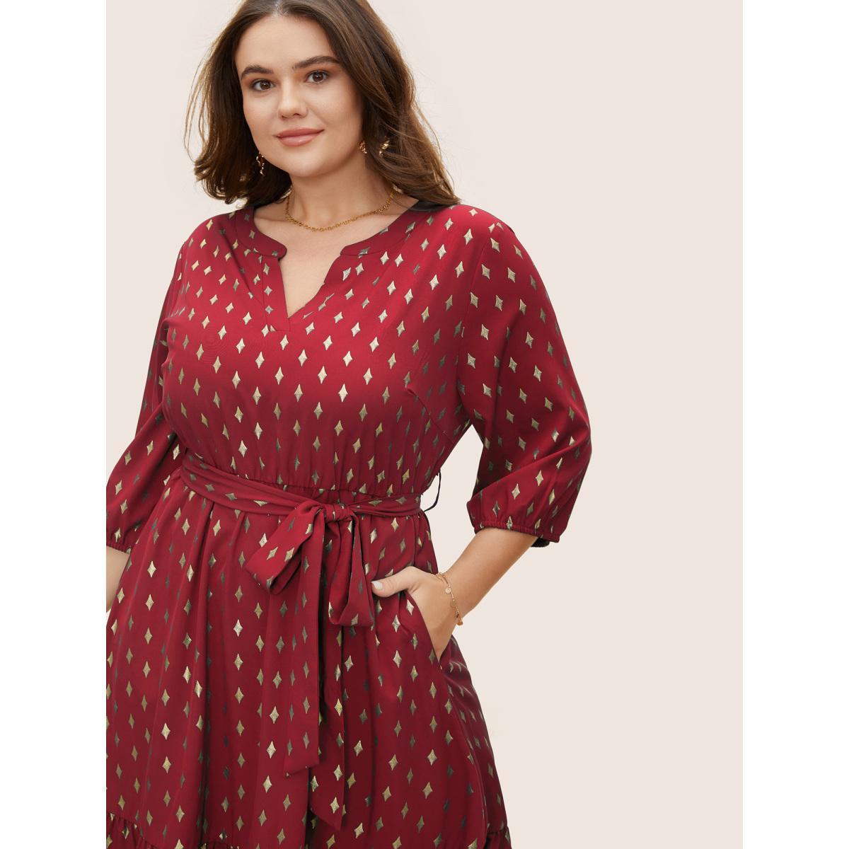 Plus Size Glitter Notched Lantern Sleeve Midi Dress Burgundy Women Formal Gathered Notched collar Elbow-length sleeve Curvy BloomChic 22-24/3X Product Image