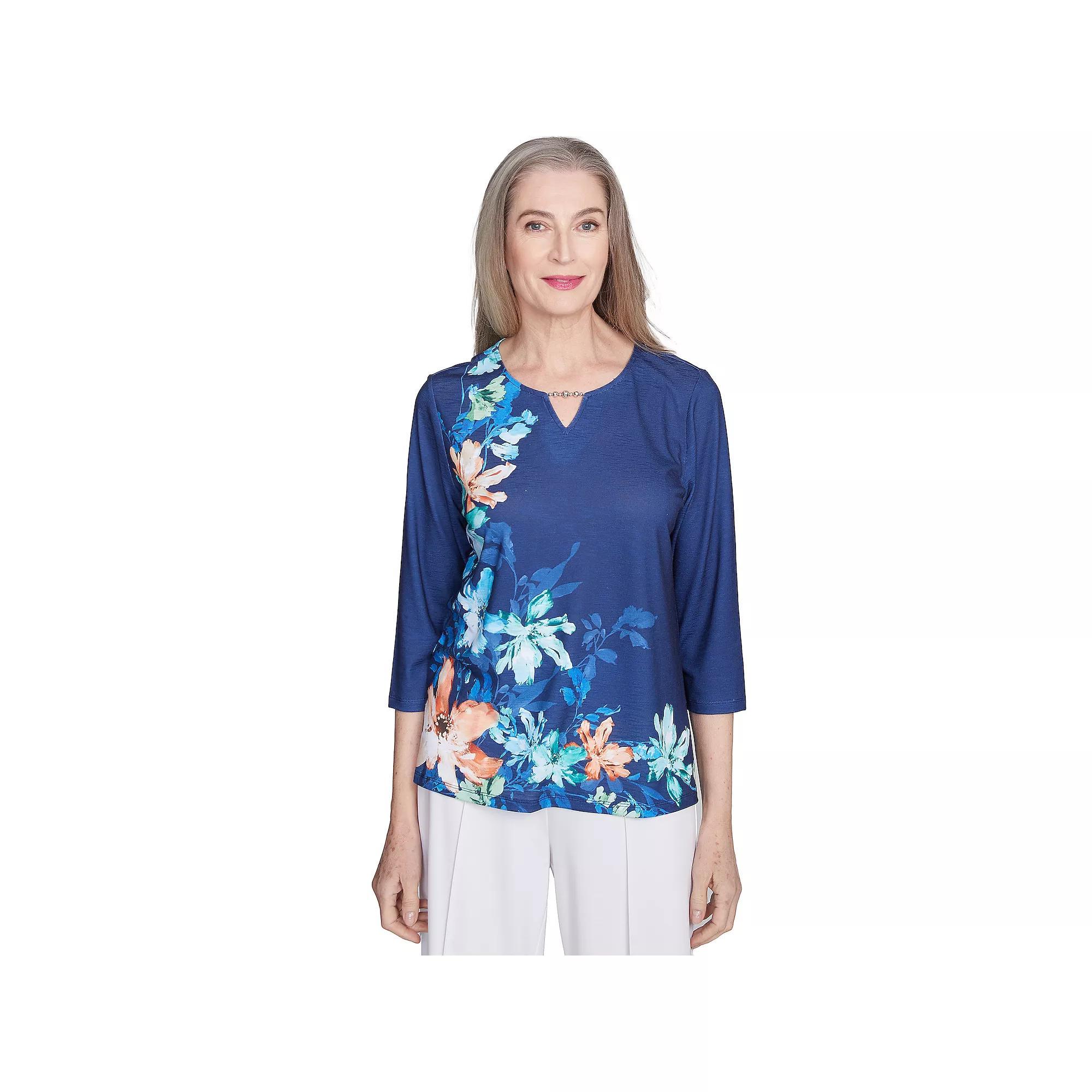 Petite Alfred Dunner Asymmetric Floral Beaded Top, Women's, Size: Large Petite, Marine Blue Product Image
