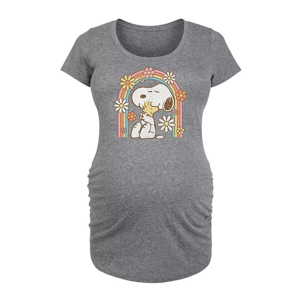 Maternity Peanuts Snoopy & Woodstock Retro Flower Rainbow Graphic Tee, Womens Grey Gray Product Image