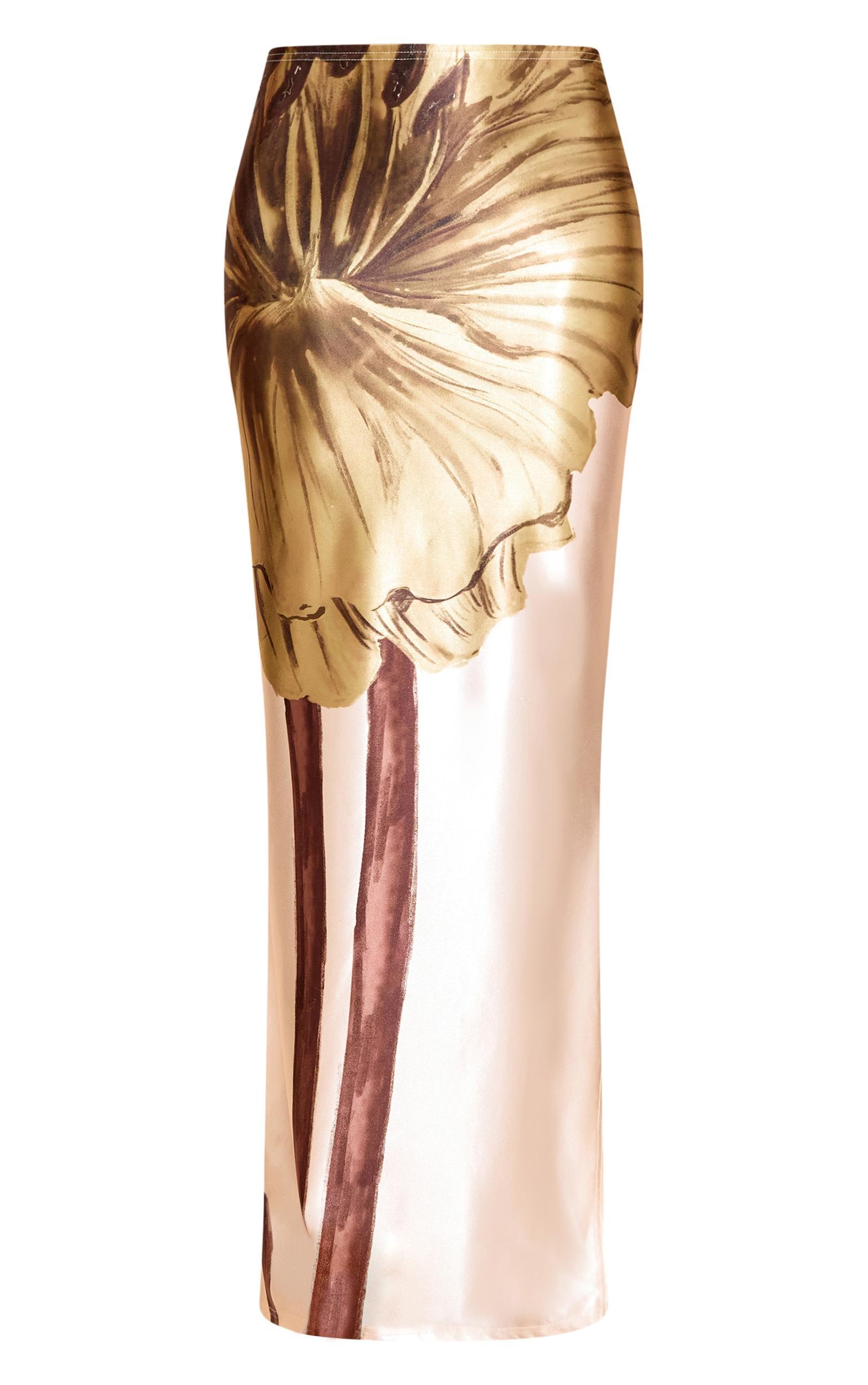 Ecru Floral Print Stretch Satin Maxi Skirt Product Image