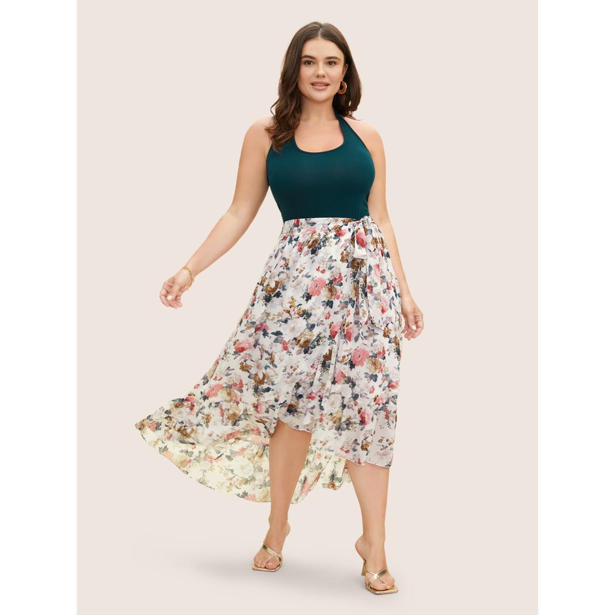 Plus Size Halter Neck Patchwork Floral Belted Dress DarkGreen Women Elegant Halter neck Sleeveless Curvy BloomChic 30/6X Product Image