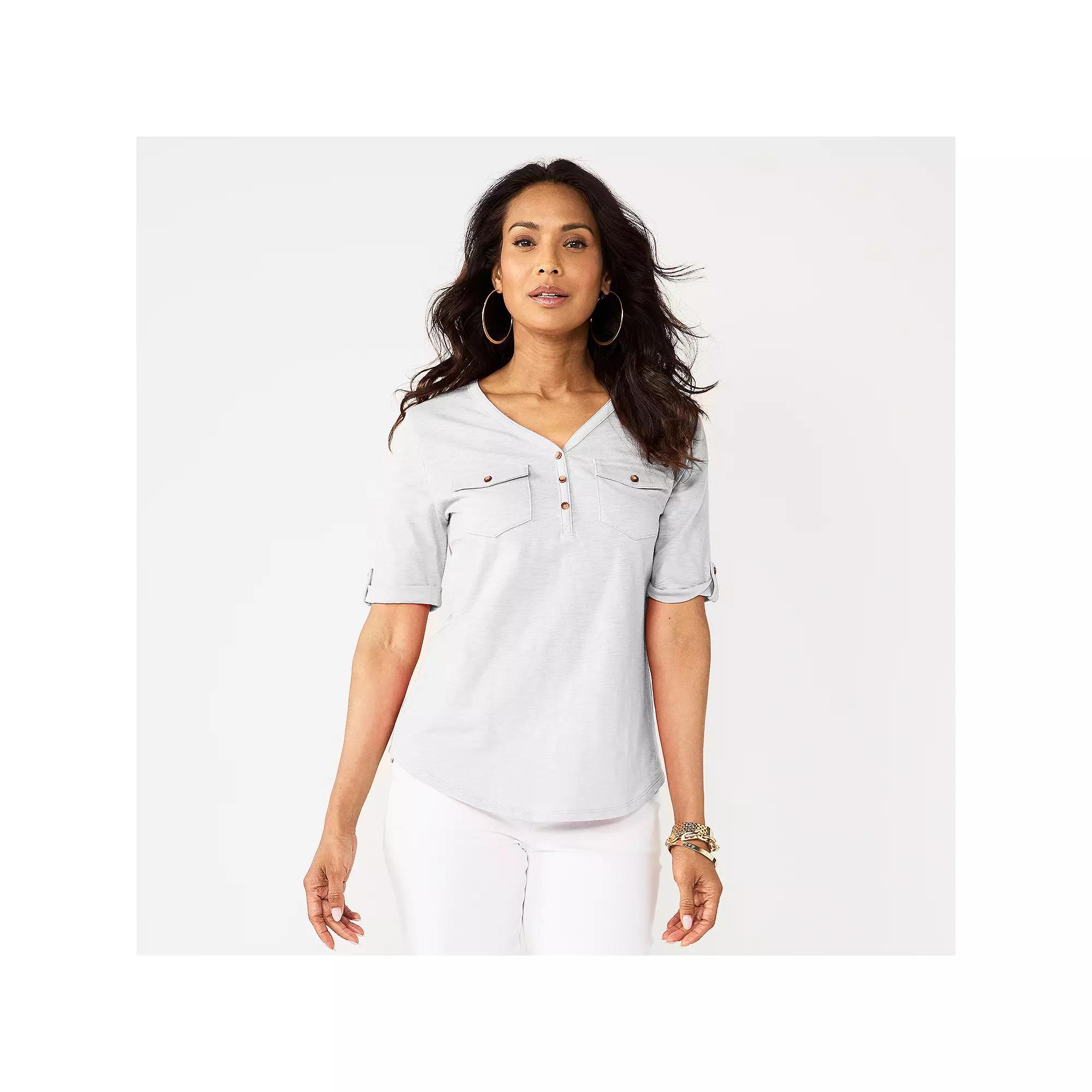 Women's Croft & Barrow® Elbow Sleeve Utility Henley Top, Size: Small, White Product Image