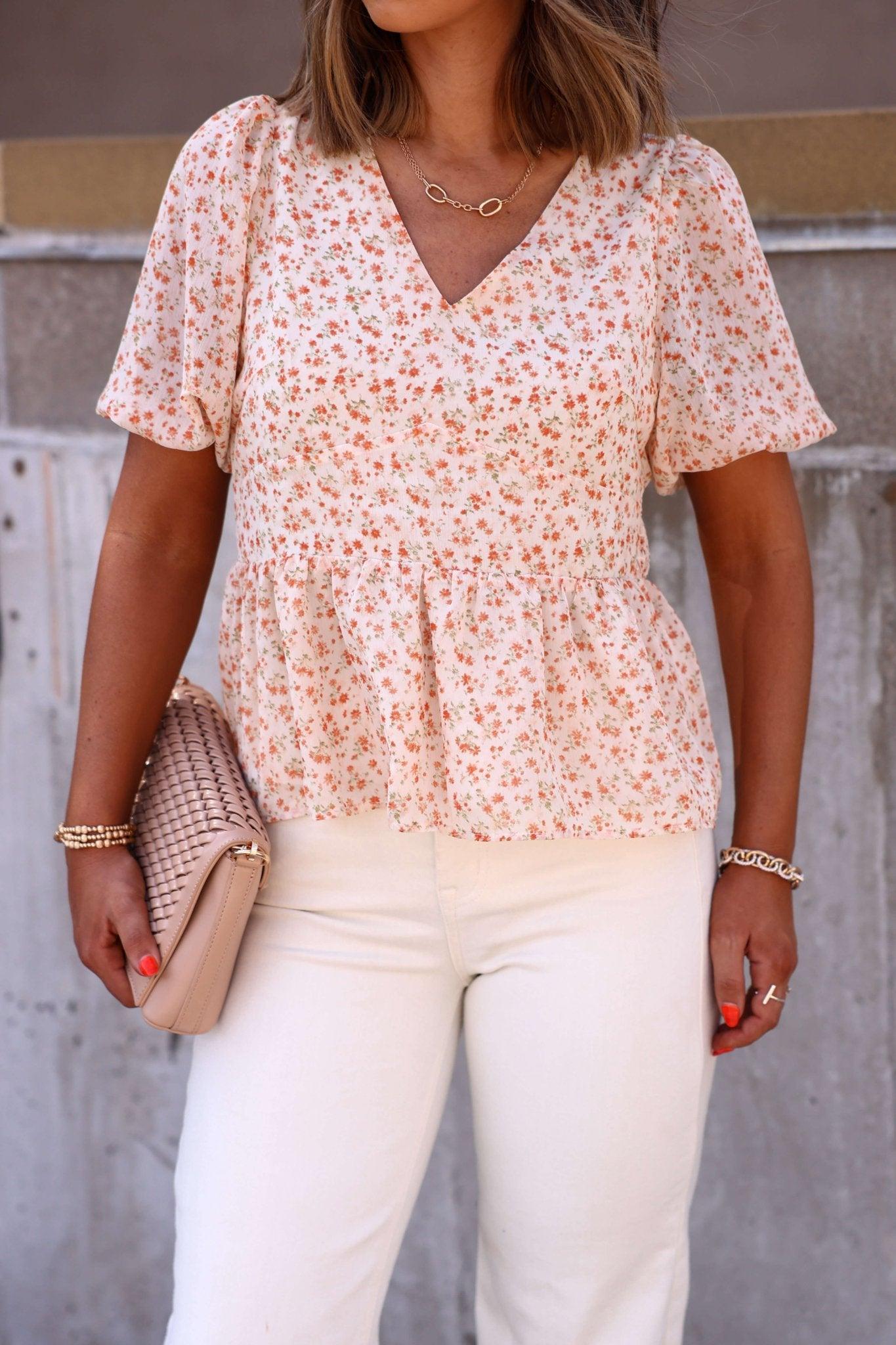 Summer Stroll Beige Print Puff Sleeve Blouse - FINAL SALE Female Product Image