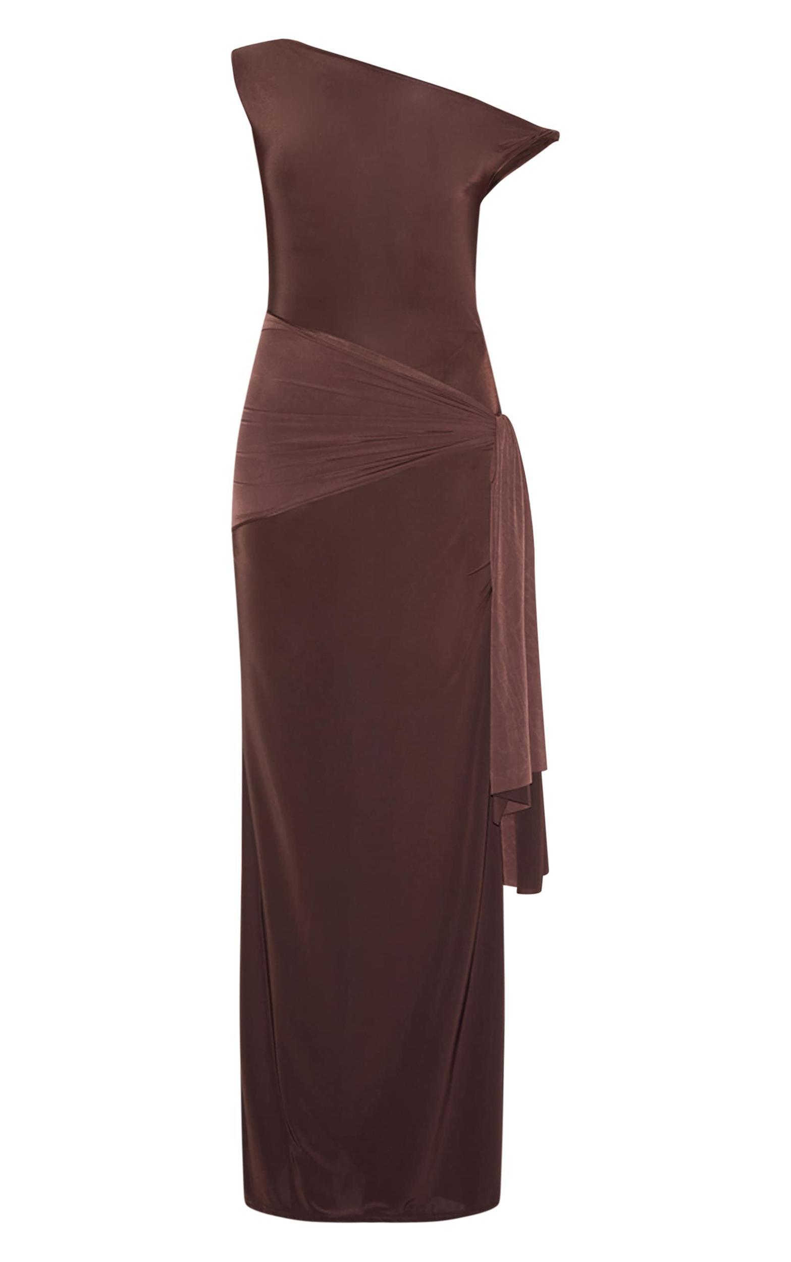 Chocolate Slinky Off Shoulder Wrap Detail Maxi Dress Product Image
