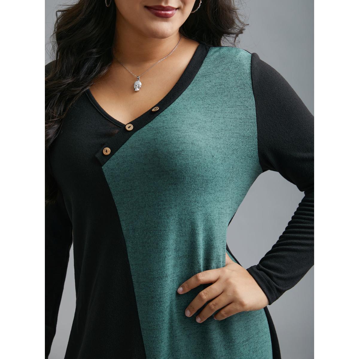 Plus Size V Neck Contrast Patchwork Button Detail Dress Black Women Casual Contrast Knit Dresses Bloomchic 14-16/1X Product Image