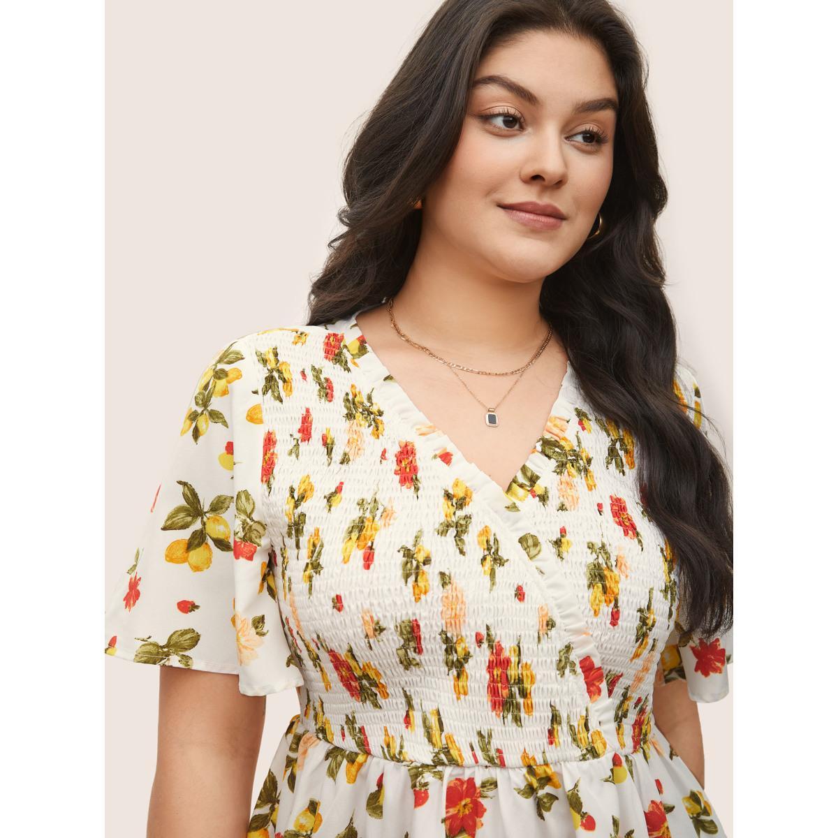 Plus Size Ivory Citrus Lemon Print Elastic Waist Shirred Wrap Ruffles Blouse Women Elegant Short sleeve Overlap Collar Everyday Blouses BloomChic 22-24/3X Product Image