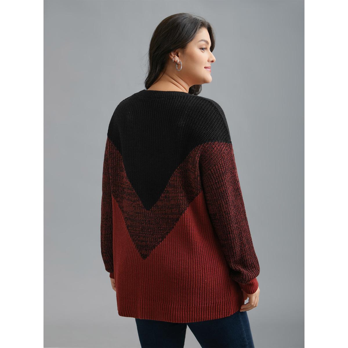 Plus Size Textured Balloon Sleeves Color Block Pullover Deepred Women Casual Loose Long Sleeve Round Neck Everyday Pullovers BloomChic 10/M Product Image