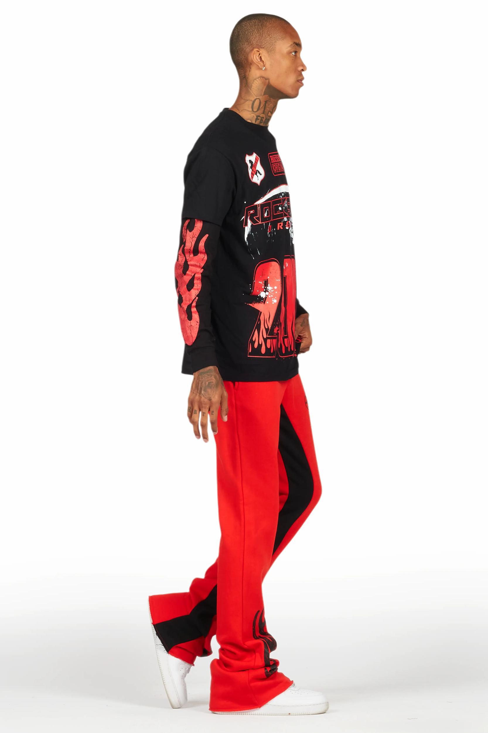 Amos Black/Red Double Layer T-Shirt/Stacked Baggy Pant Set Male Product Image
