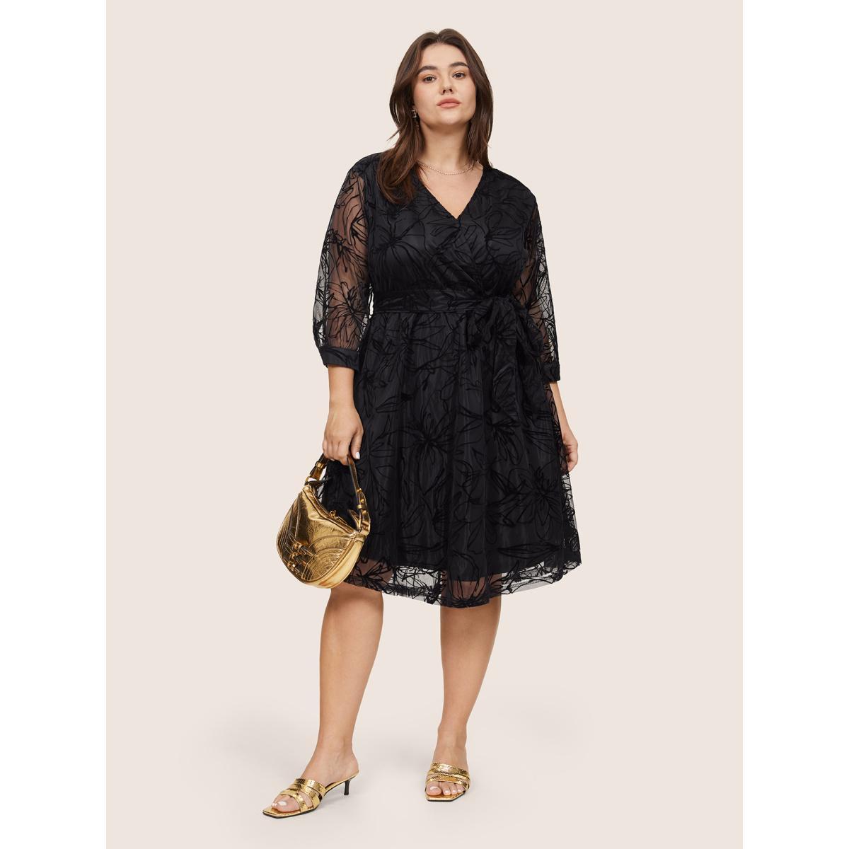 Plus Size Floral Flocked Tulle Belted Dress Black Women Glamour Wrap Overlap Collar Elbow-length sleeve Curvy Knee Dress BloomChic 22-24/3X Product Image