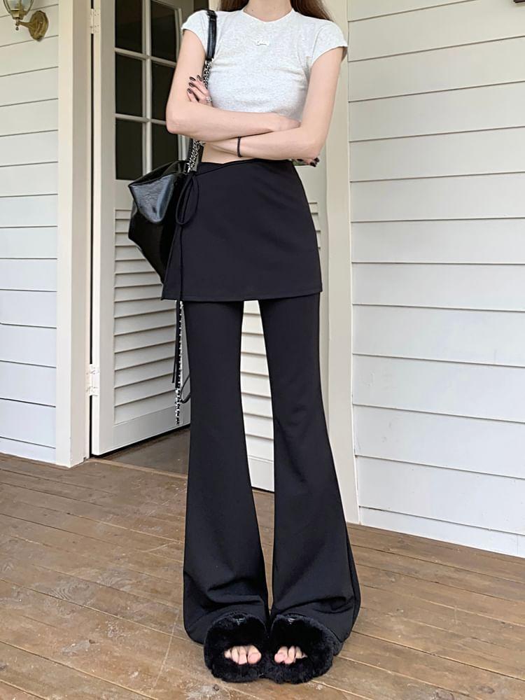 High Rise Plain Mock Two Piece Tie-Up Flared Pants Product Image
