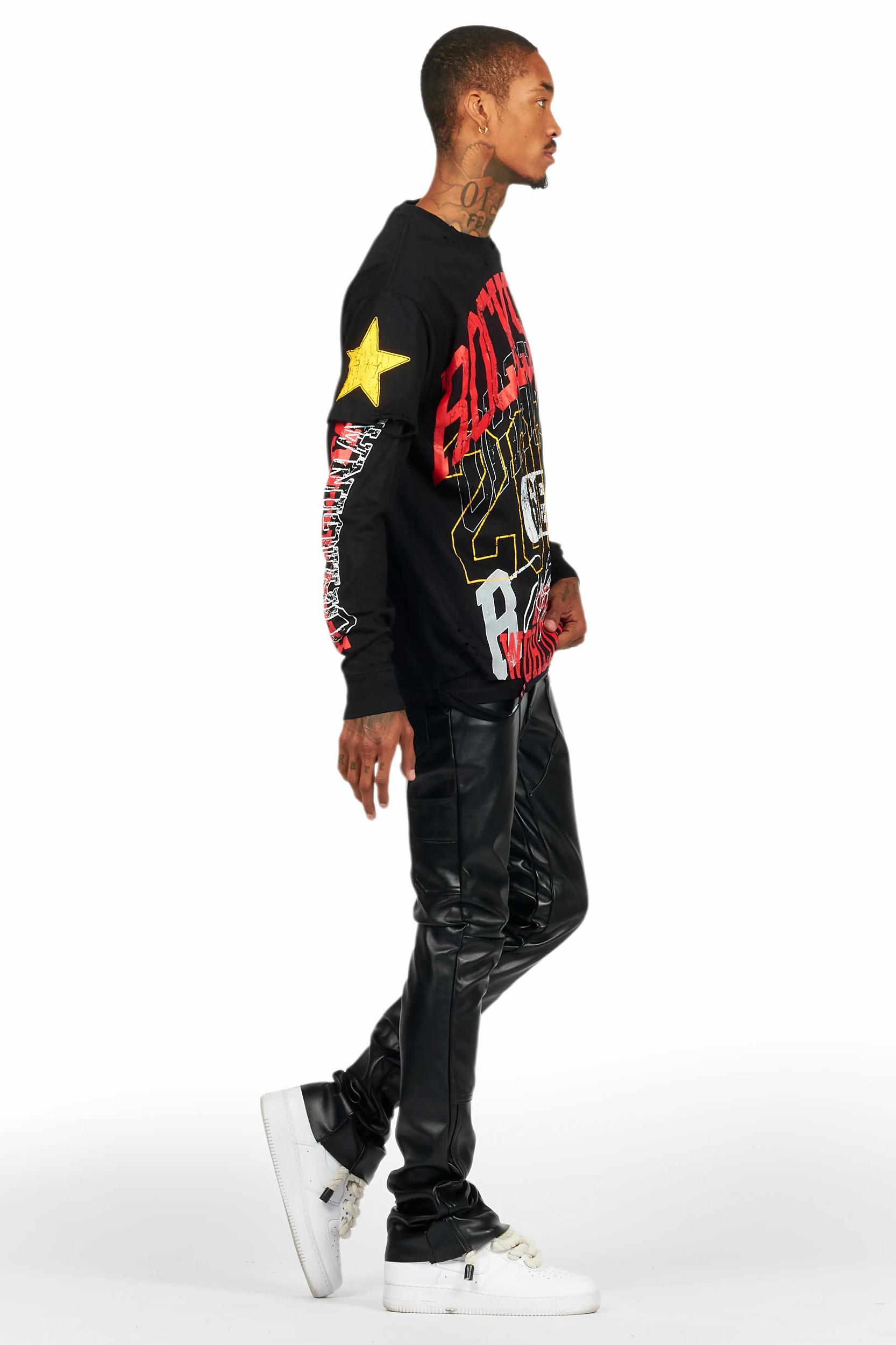 Quatz Black Leather Stacked Flare Jean Male Product Image