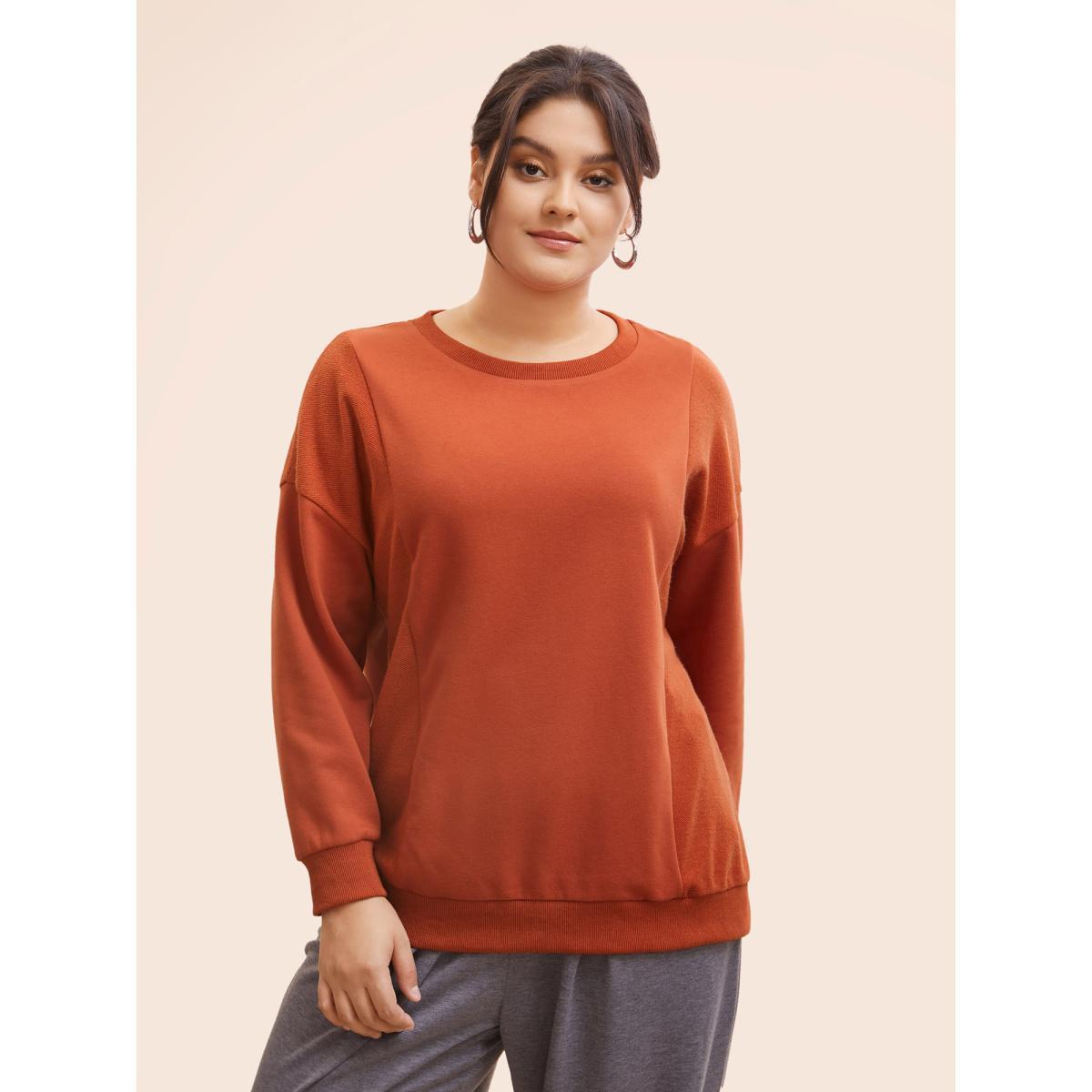 Plus Size Round Neck Patchwork Drop Shoulder Sweatshirt Women Rust Casual Patchwork Round Neck Everyday Sweatshirts BloomChic 26/4X Product Image