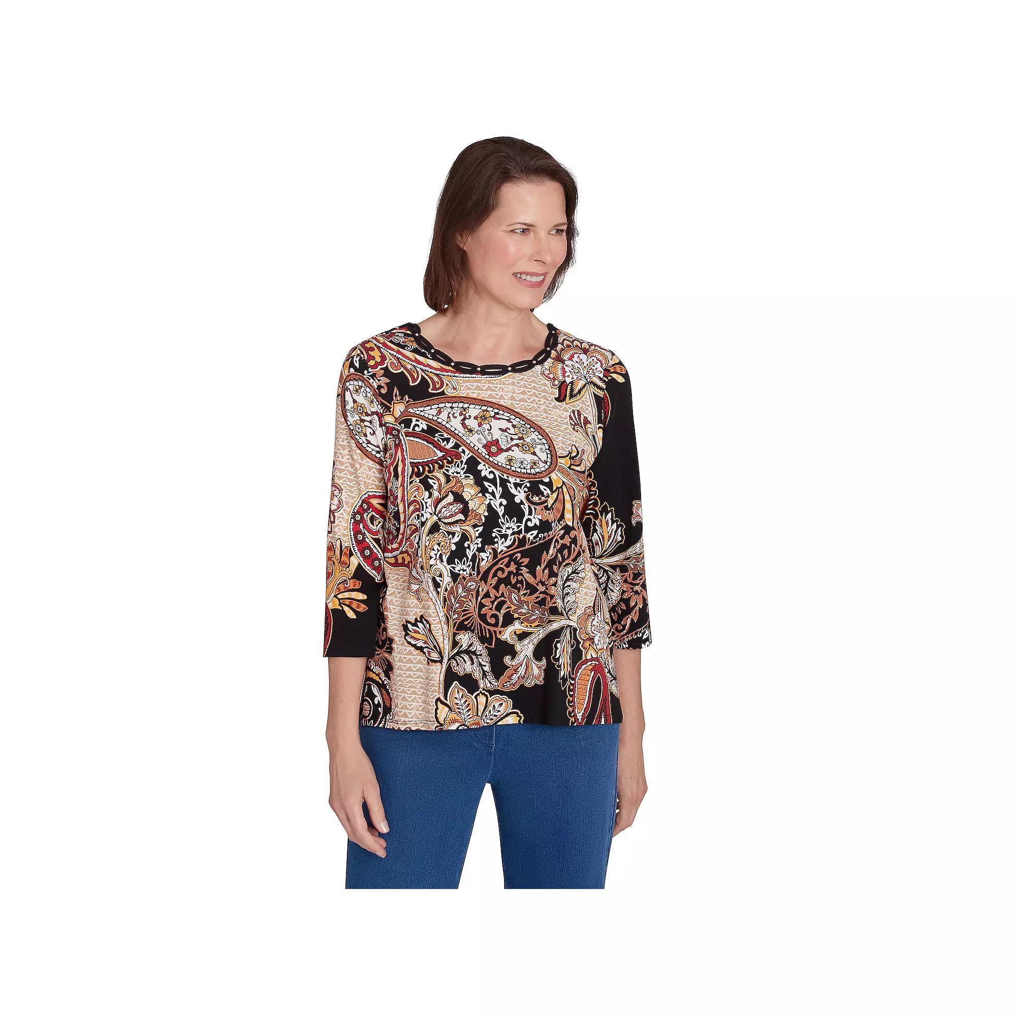 Petite Alfred Dunner Braided Neck Paisley Tee, Women's, Size: Medium Petite, Black Product Image