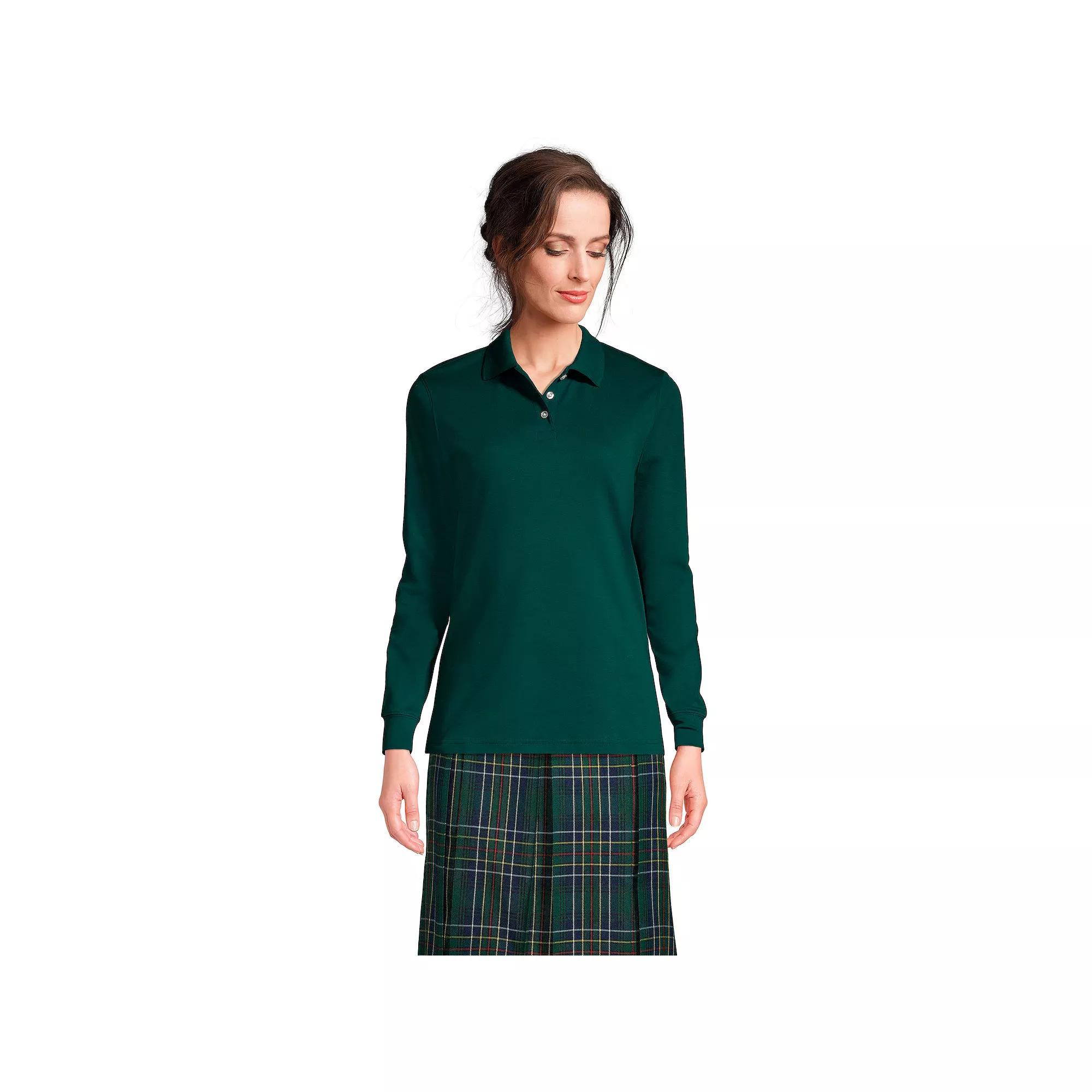 Women's Tall Lands' End School Uniform Long Sleeve Interlock Polo, Size: Small Tall, White Product Image
