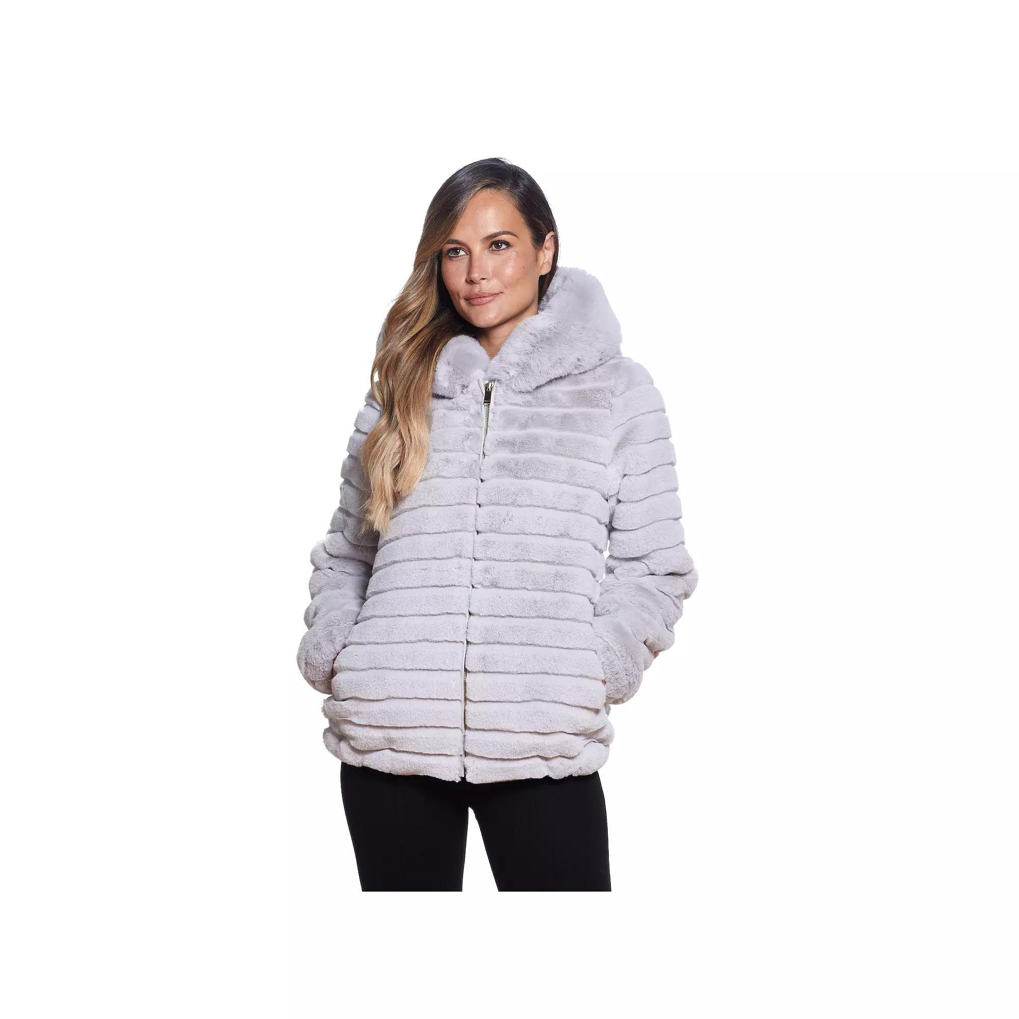 Women's Gallery Hooded Grooved Faux-Fur Jacket, Size: Small, Black Product Image