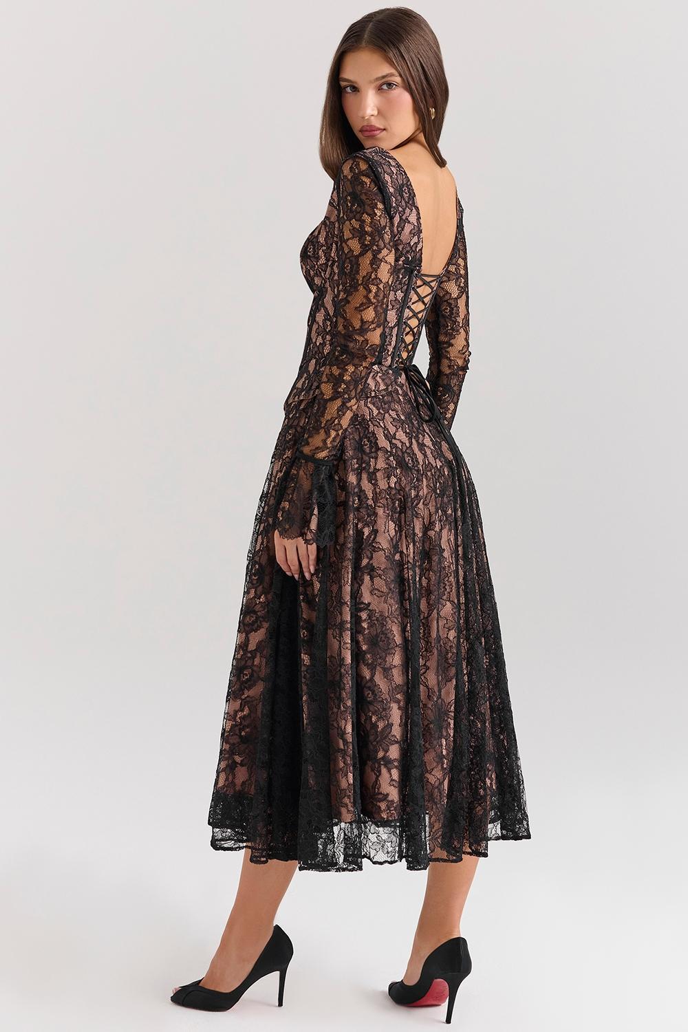 Raquel Black Lace Corset Midi Dress Product Image