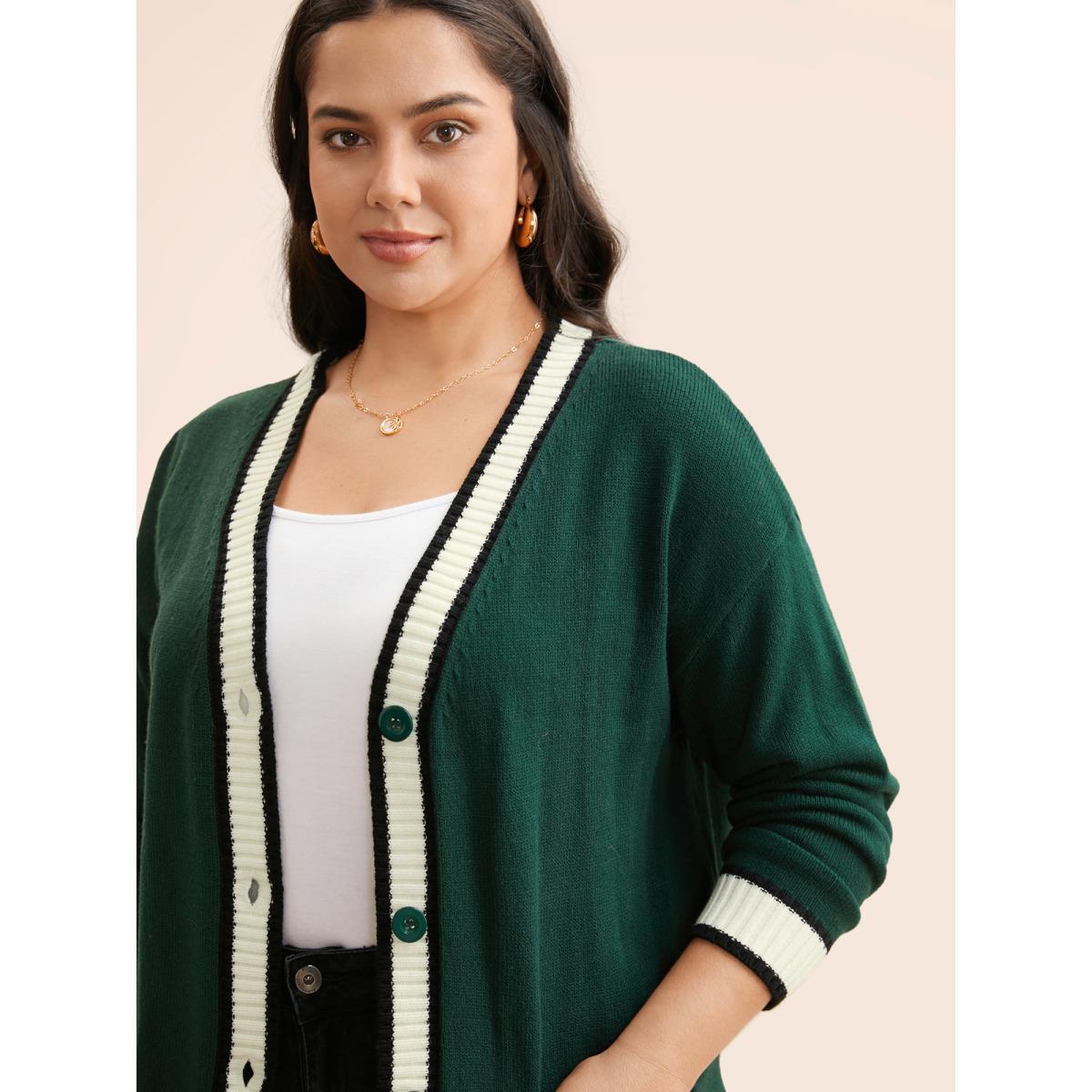 Plus Size Contrast Trim Button Up Pocket Cardigan DarkGreen Women Casual Loose Long Sleeve Everyday Cardigans BloomChic 26/4X Product Image