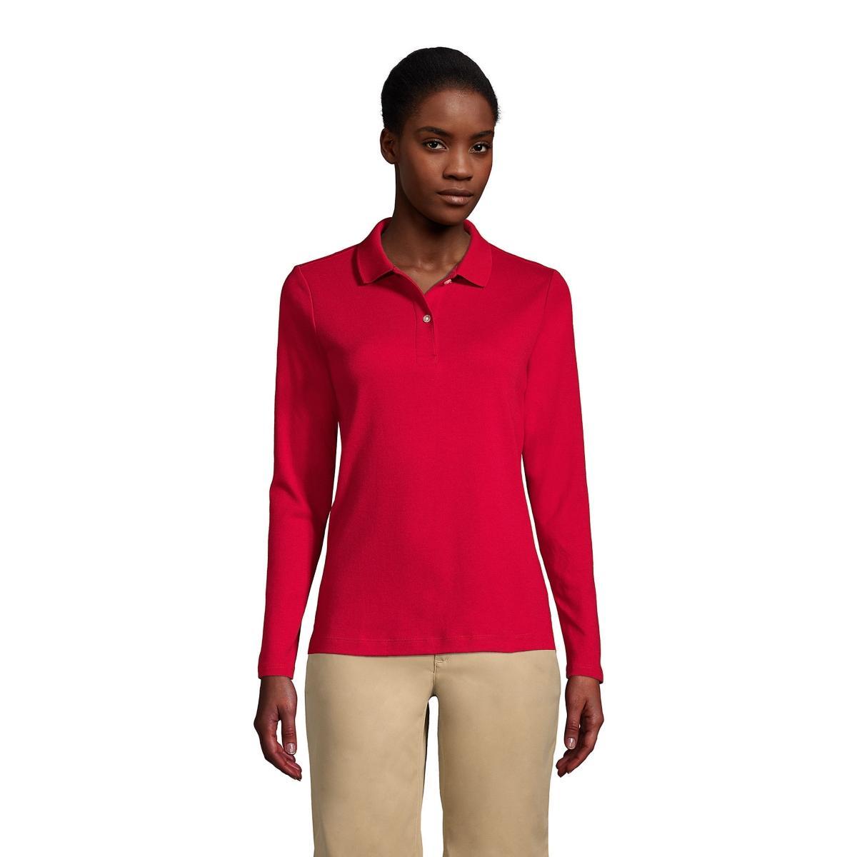 Women's Lands' End School Uniform Long Sleeve 2-Button Interlock Polo Shirt, Size: XS, White Product Image