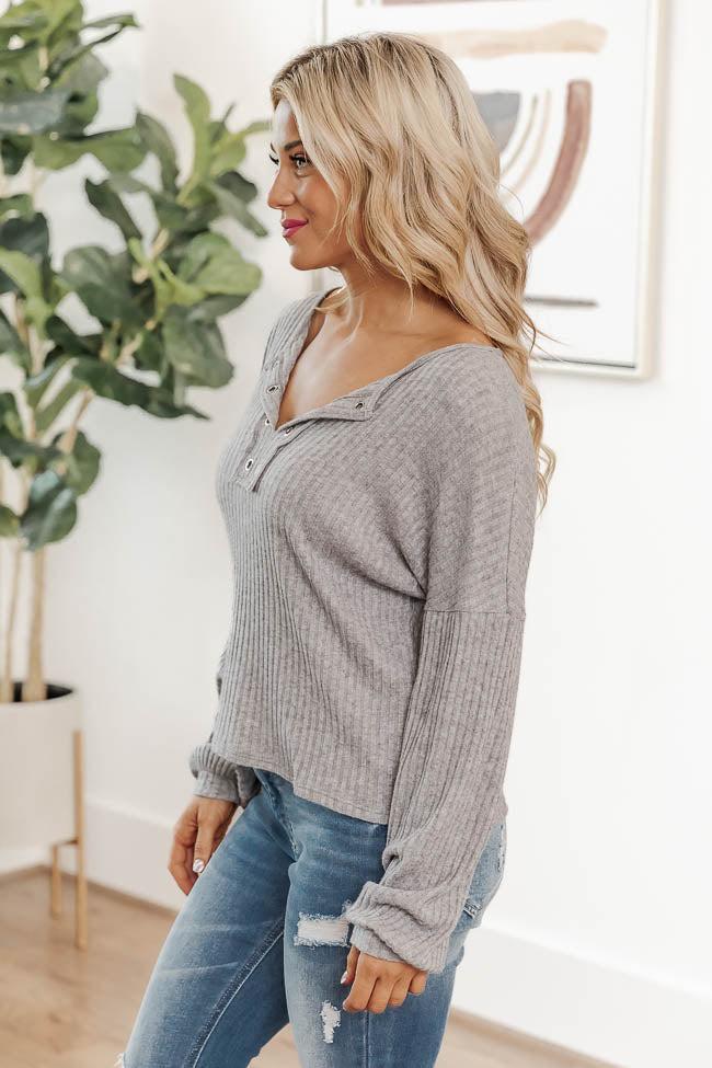 Lasting Words Split Heather Grey V-Neck Ribbed Blouse FINAL SALE Product Image