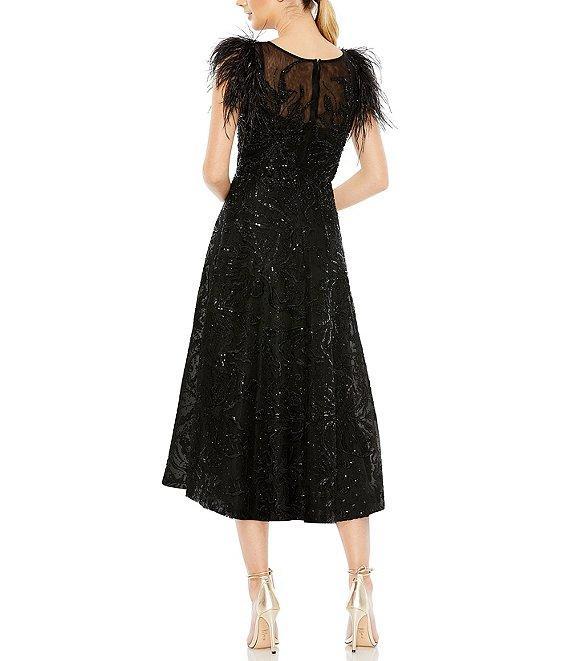 Mac Duggal Sequin Embellished Illusion Boat Neck Feather Shoulder Sleeveless Dress Product Image