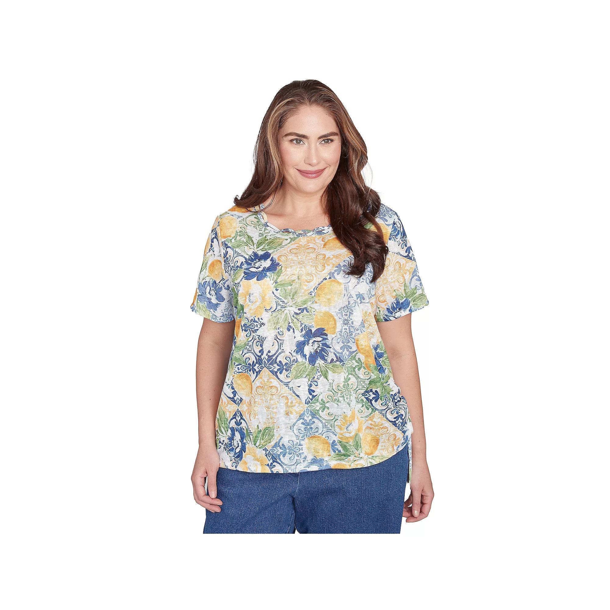 Plus Size Alfred Dunner Lemon Tile Knotted Crewneck Top, Women's, Size: 2XL, Yellow Product Image