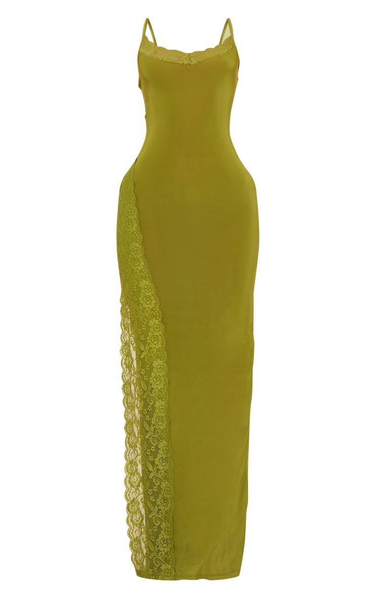 Olive Slinky Lace Trim Split Detail Maxi Dress Product Image