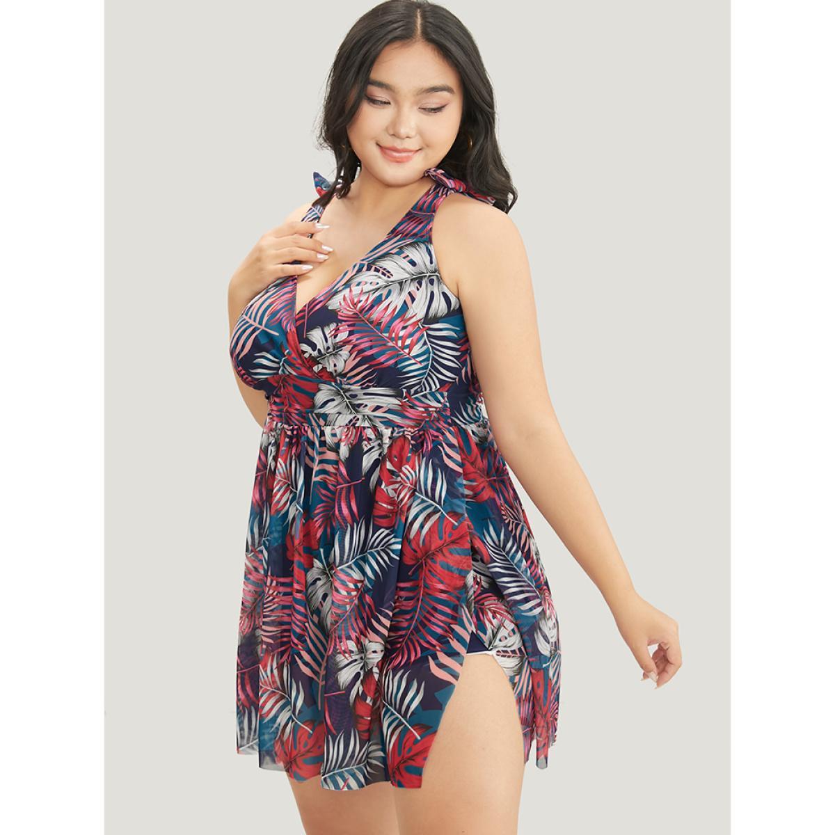Plus Size Tropical Print Bow Sculpt Waist Split Swim Dress Women's Swimwear Red Vacation Bodycon V-neck High stretch Curve Swim Dresses BloomChic 10/M Product Image