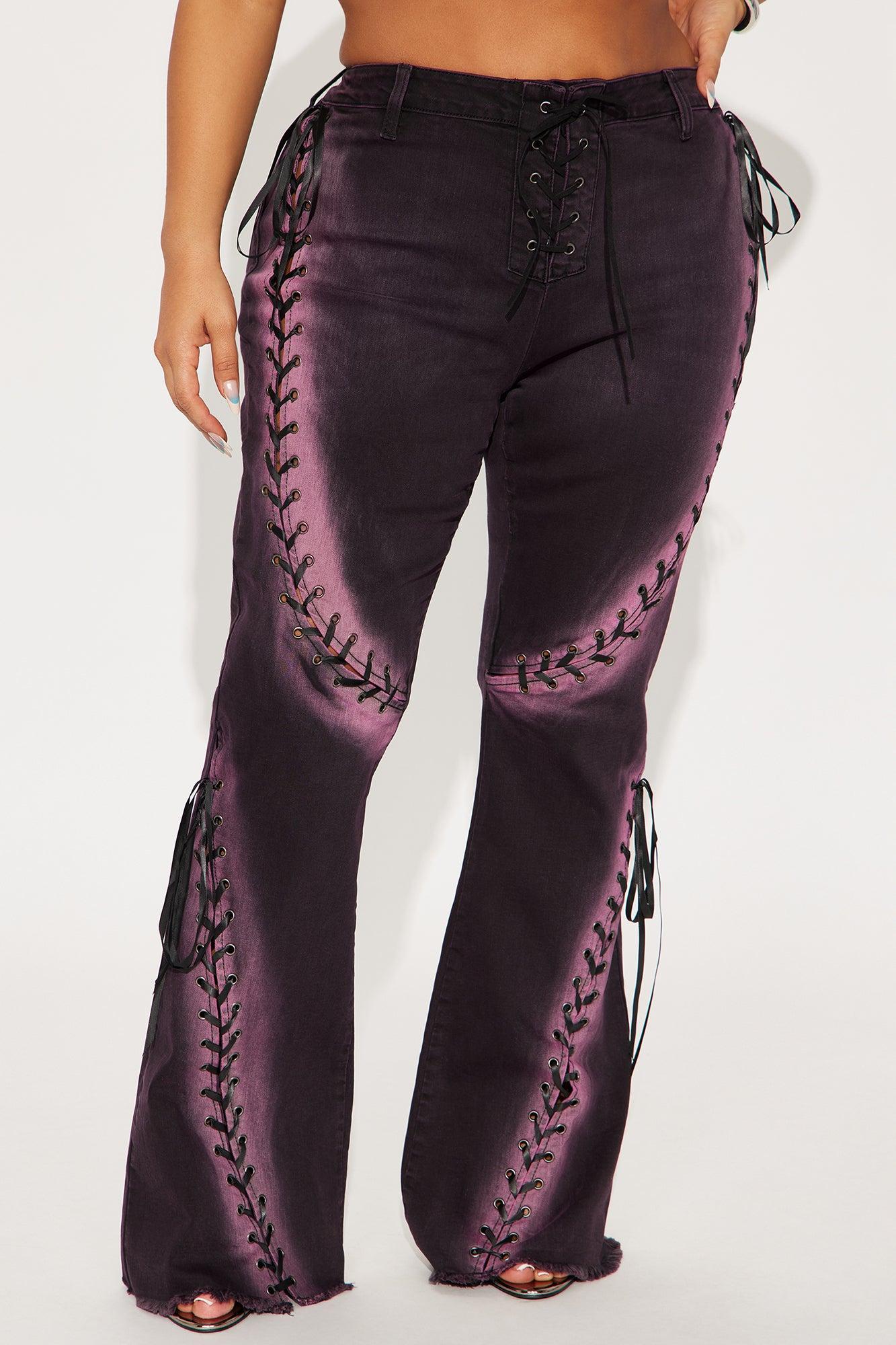 On The Scene Lace Up Stretch Flare Jeans - Purple Product Image