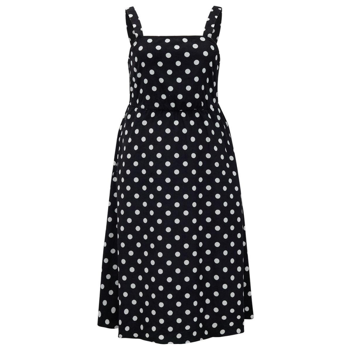Plus Size Polka Dot Pocket Cami Dress Black Women Elegant Adjustable Straps Spaghetti Strap Sleeveless Curvy Midi Dress BloomChic 10/M Product Image