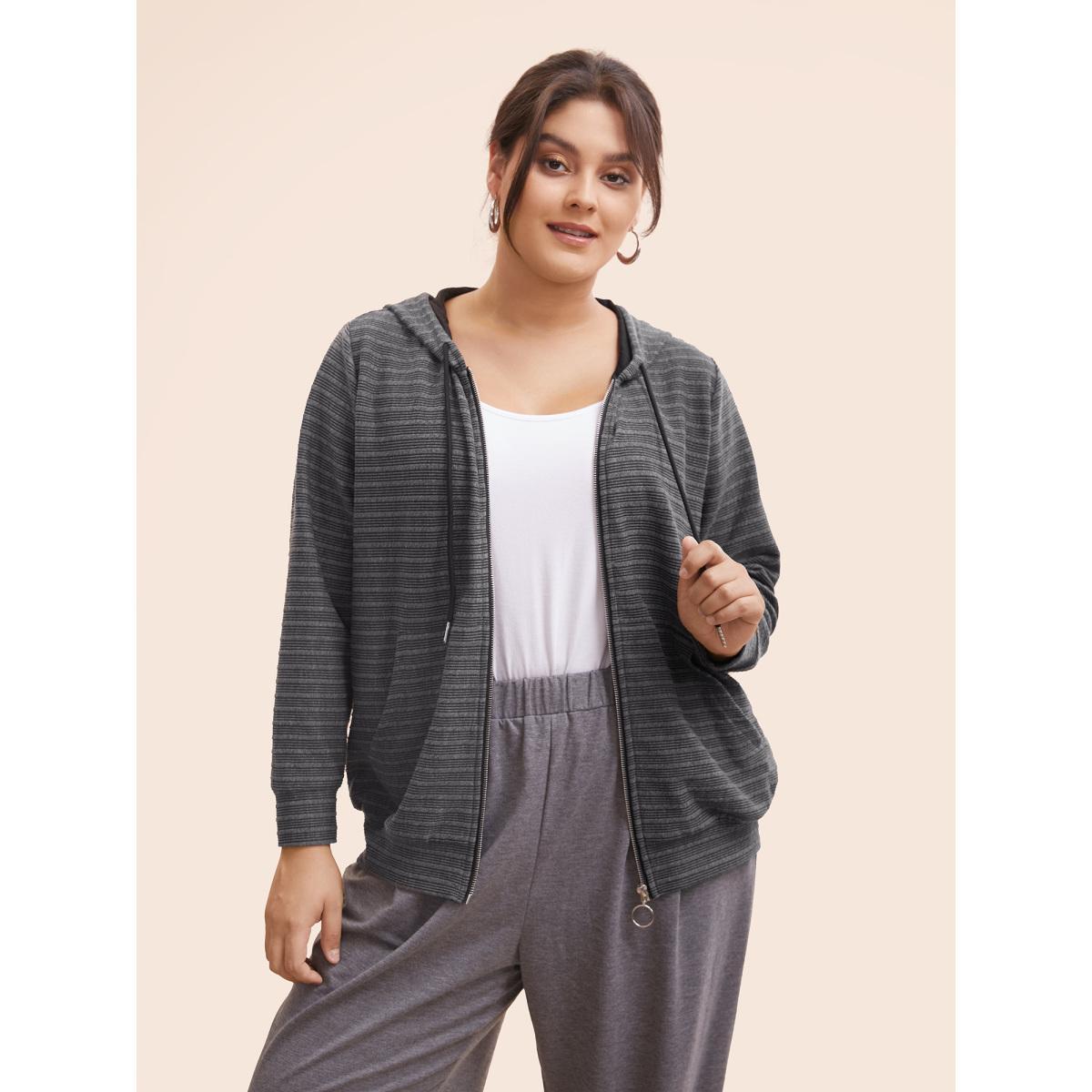 Plus Size Textured O Ring Zipper Hooded Sweatshirt Women DimGray Casual Texture Hooded Everyday Sweatshirts BloomChic 22-24/3X Product Image