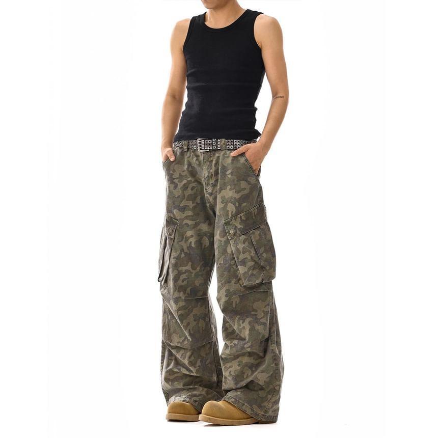 Mid Rise Camouflage Ruched Straight Leg Cargo Pants Product Image