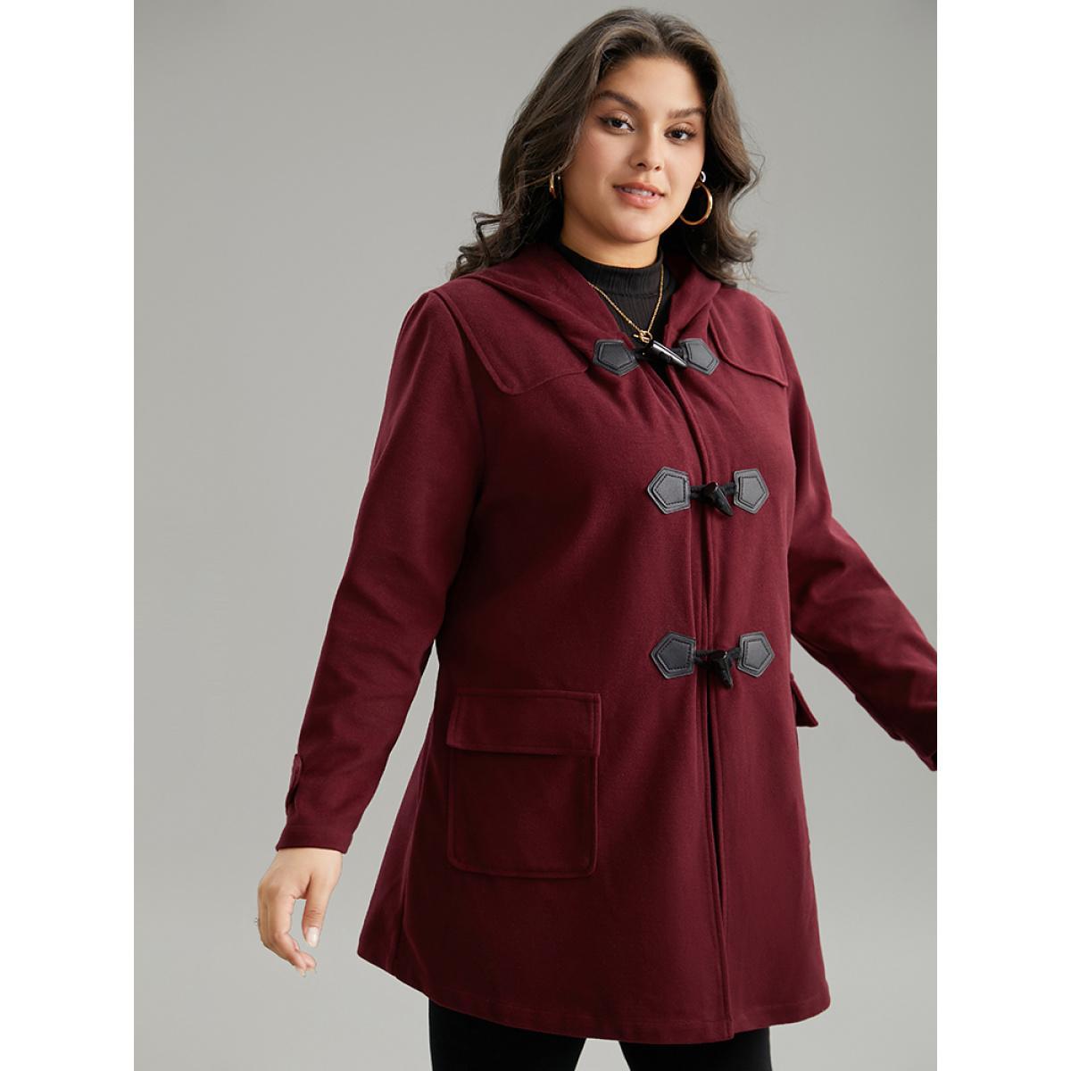 Plus Size Plain Duffle Button Pocket Hooded Coat Women Burgundy Casual Contrast Ladies Dailywear Winter Coats BloomChic 22-24/3X Product Image