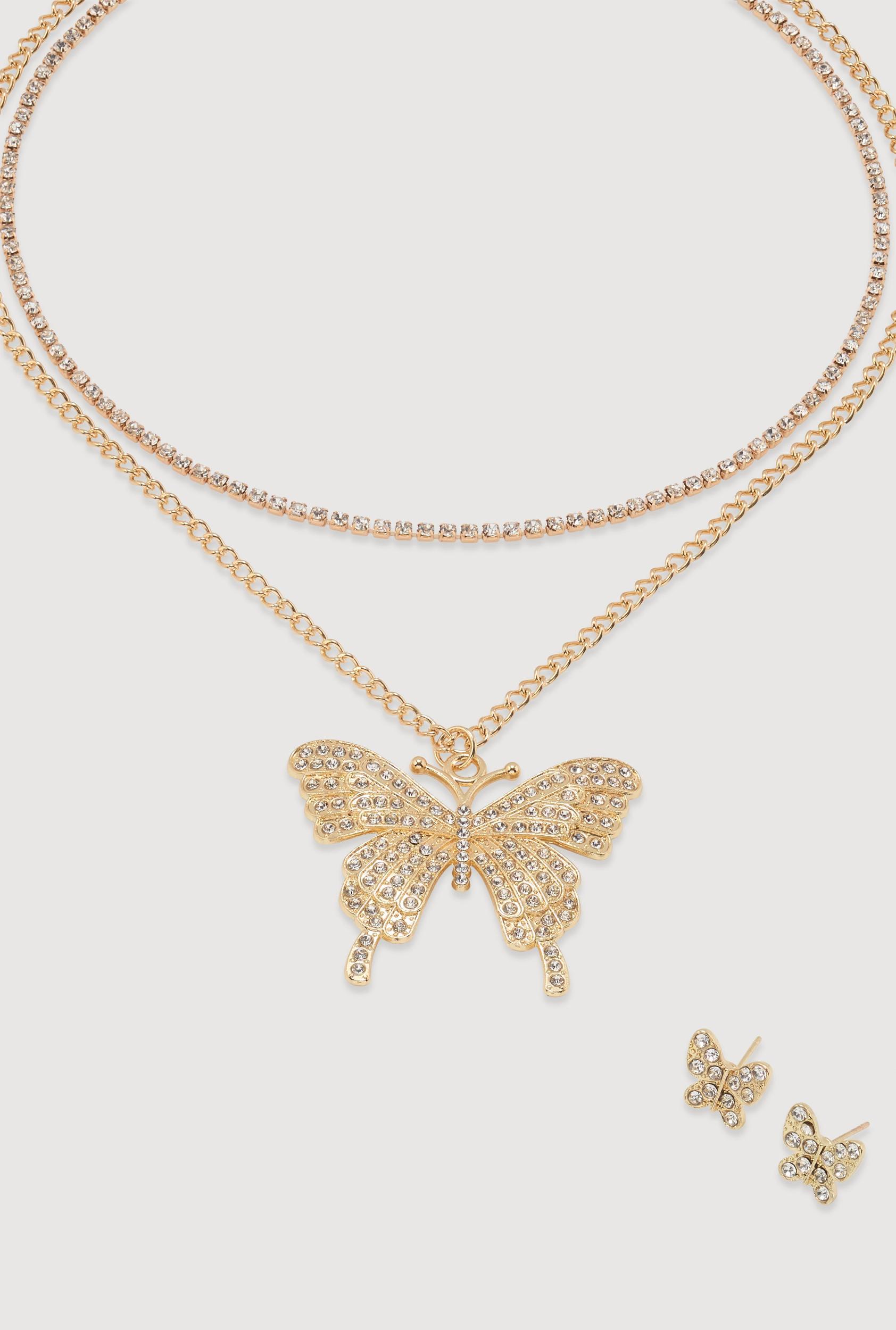 Butterfly Cubic Zirconia Layered Necklace and Earrings Set Female Product Image