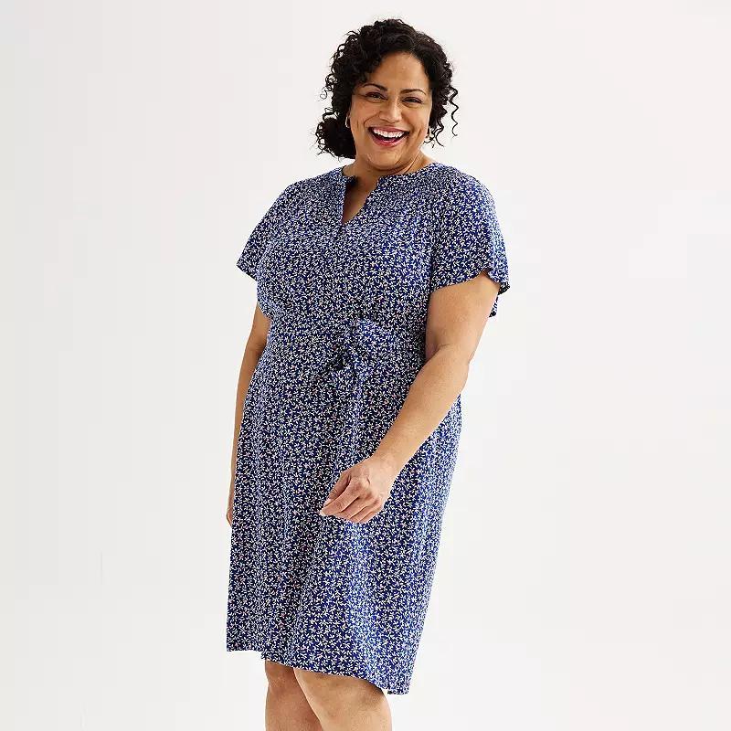 Plus Size Croft & Barrow® Smocked Button Front Tie Waist Short Sleeve Dress, Women's, Size: 5XL, Navy Pink Leaves Product Image