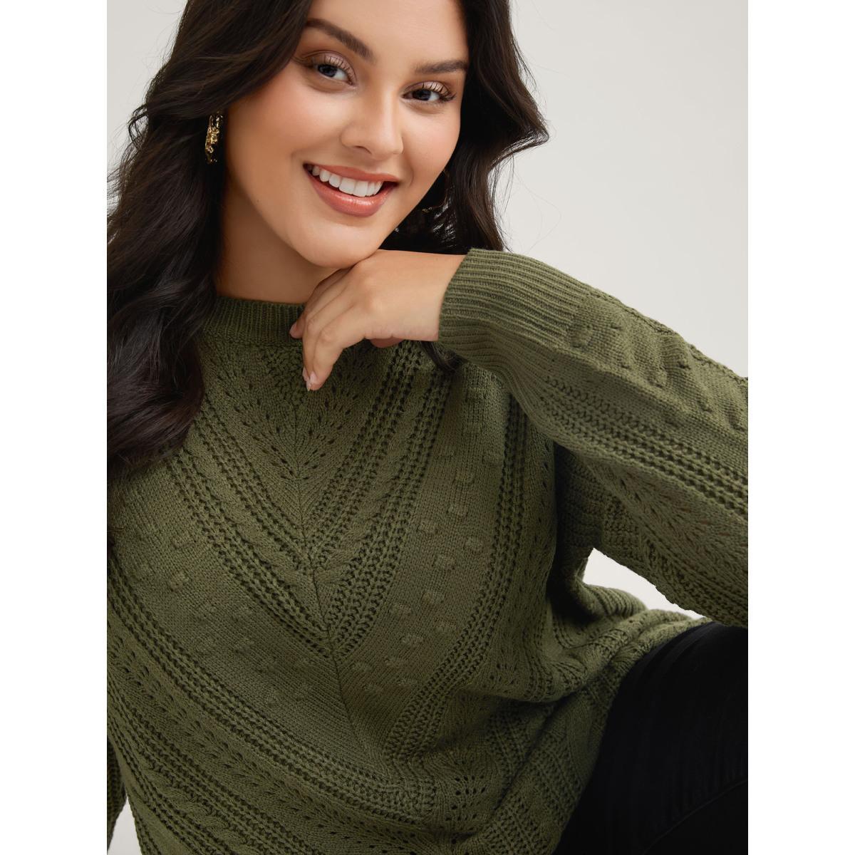 Plus Size Solid Round Neck Cable Knit Pullover ArmyGreen Women Casual Long Sleeve Round Neck Everyday Pullovers BloomChic 18-20/2X Product Image