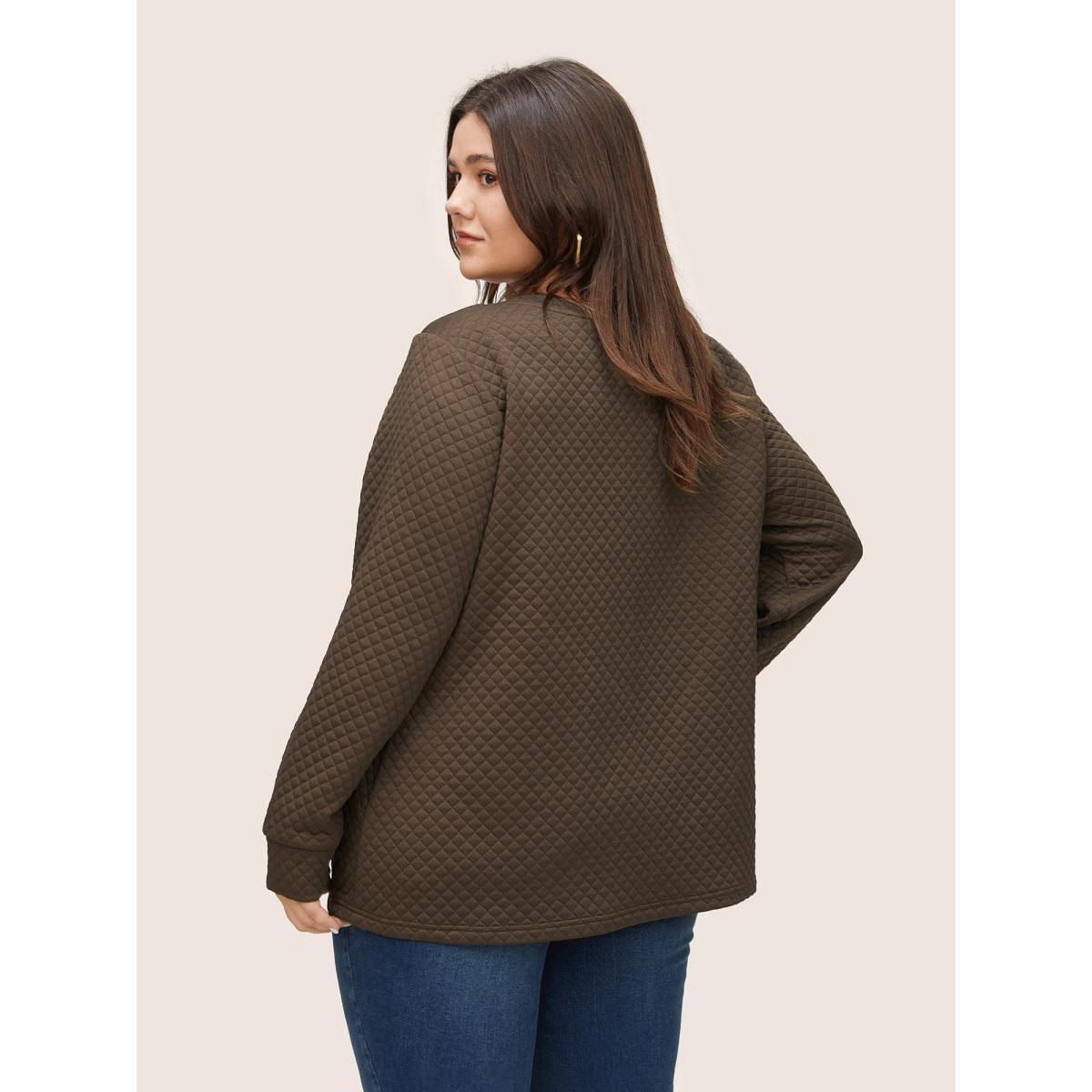 Plus Size Plain Argyle Quilted Button Detail Sweatshirt Women DarkBrown Casual Non V-neck Everyday Sweatshirts BloomChic 18-20/2X Product Image