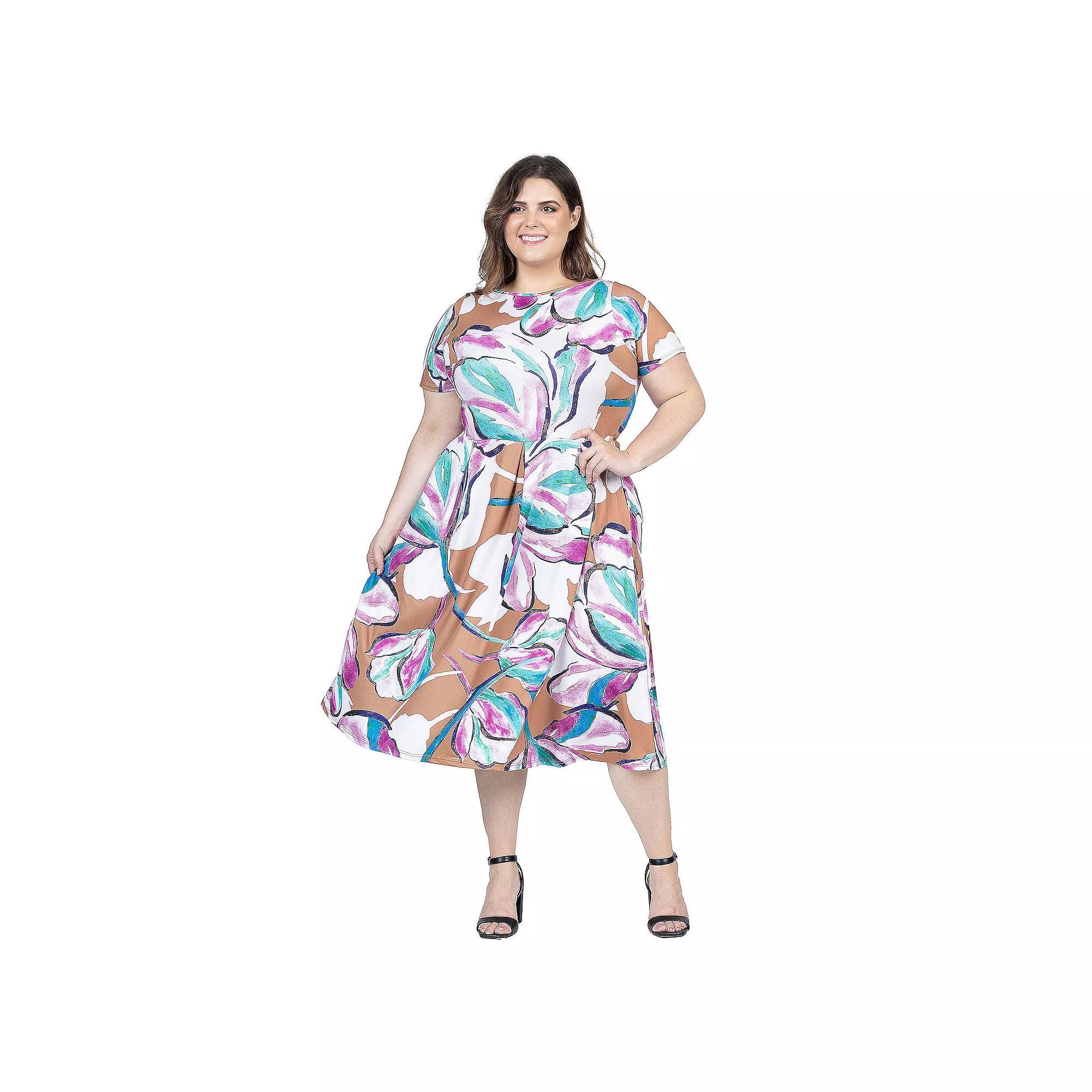 Plus Size 24Seven Comfort Apparel Short Sleeve Pleated Flare Midi Pocket Dress, Womens Product Image