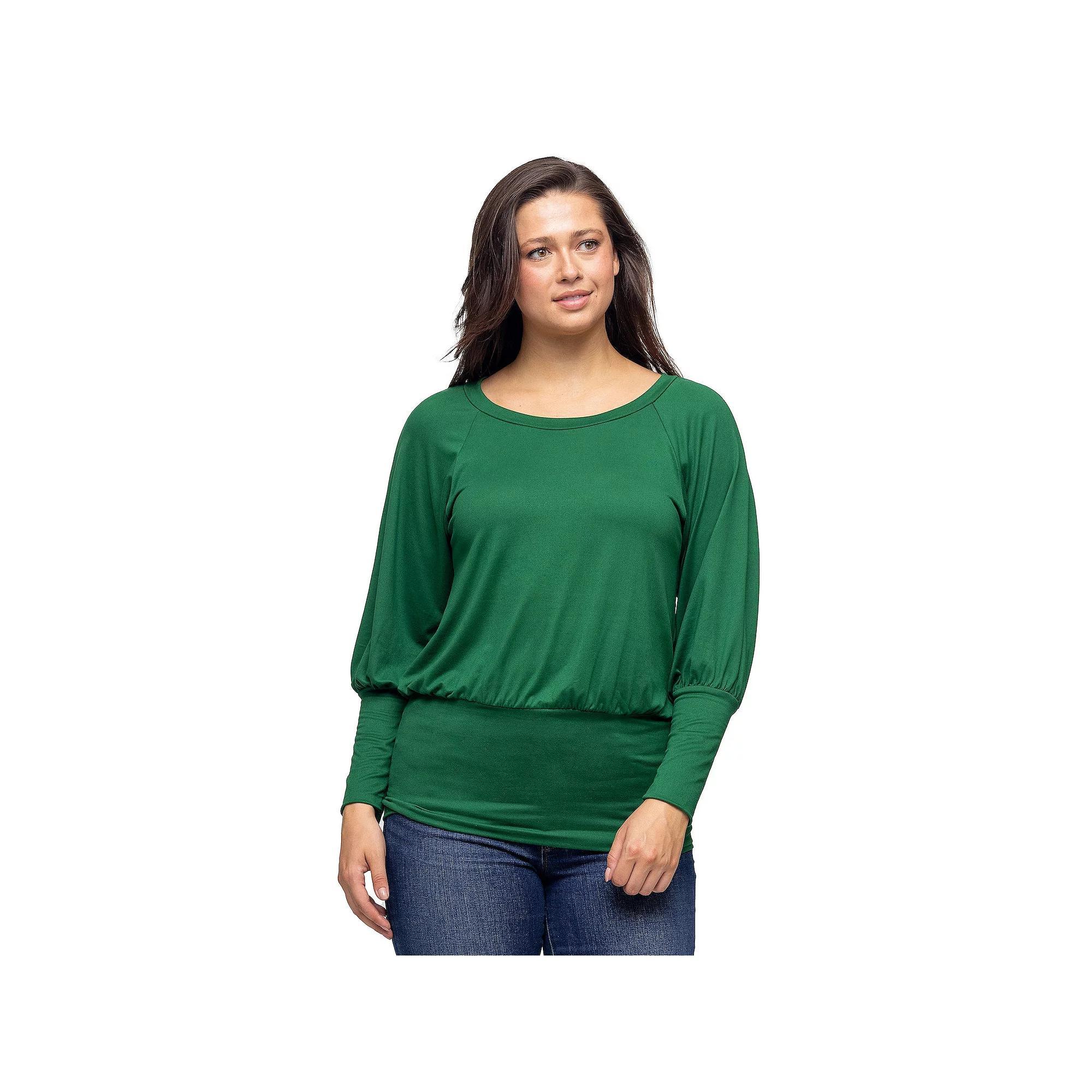 Women's 24Seven Comfort Apparel Round Neck Long Blouson Sleeve Banded Bottom Top, Size: Medium, Grey Product Image