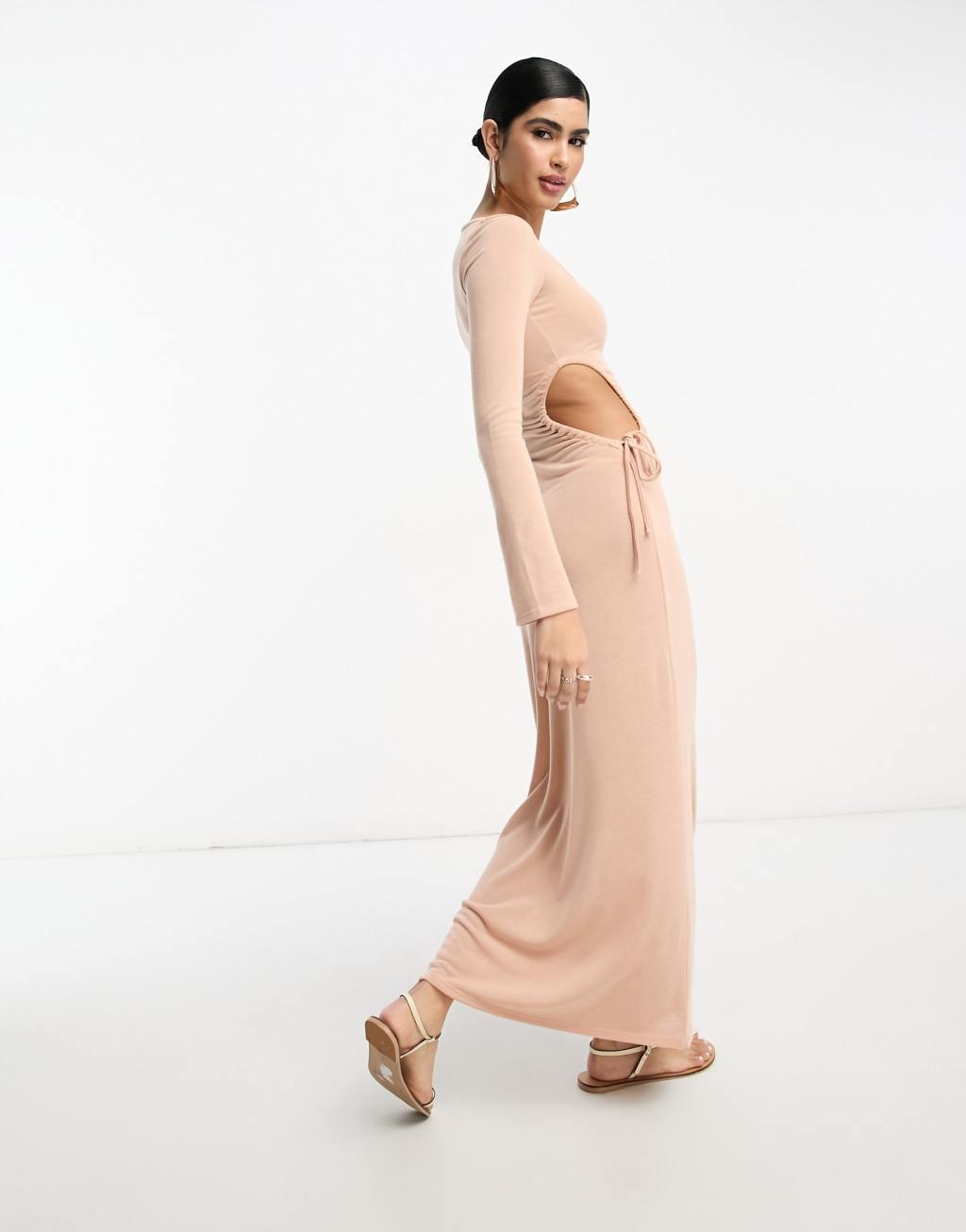 ASOS DESIGN Scoop ruched side maxi dress with long sleeve in light pink Product Image