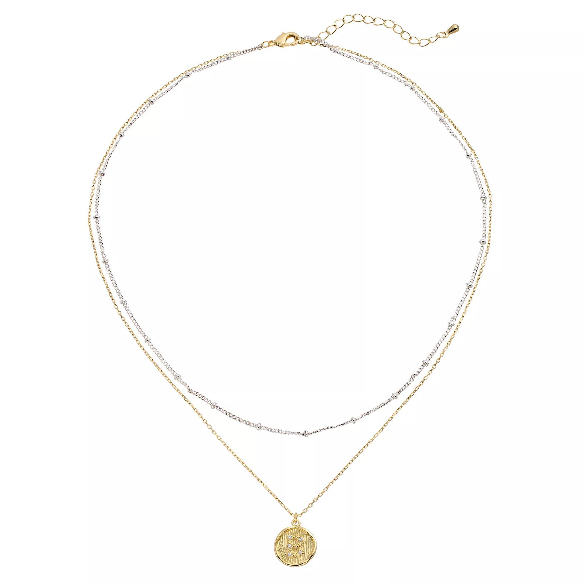 City Luxe Two Tone Layered Initial Disc Necklace with Cubic Zirconia, Women's, Size: 18", Two Tone S Product Image