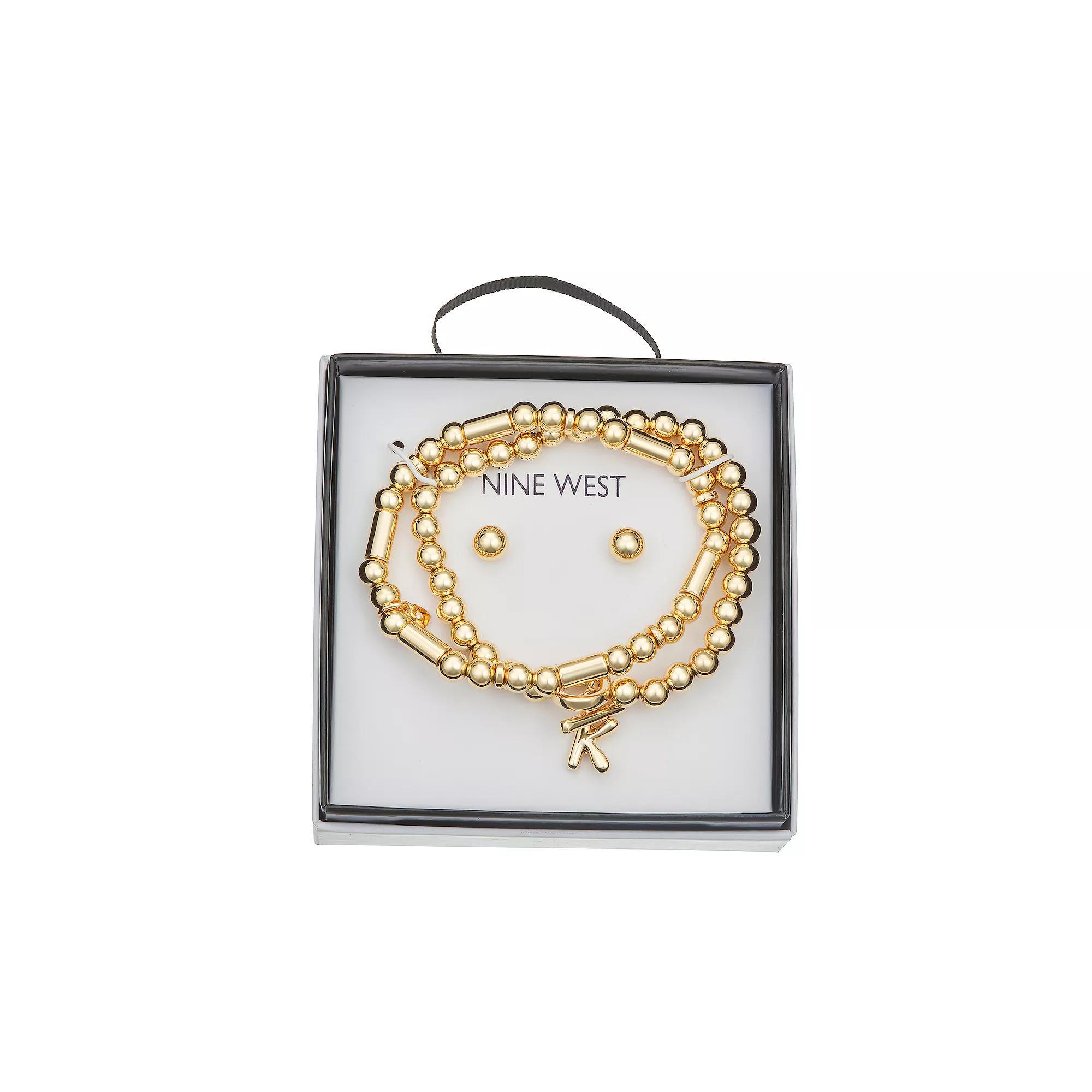 Nine West Gold Tone Initial Bracelet & Stud Earring Set, Women's, Gold Tone K Product Image
