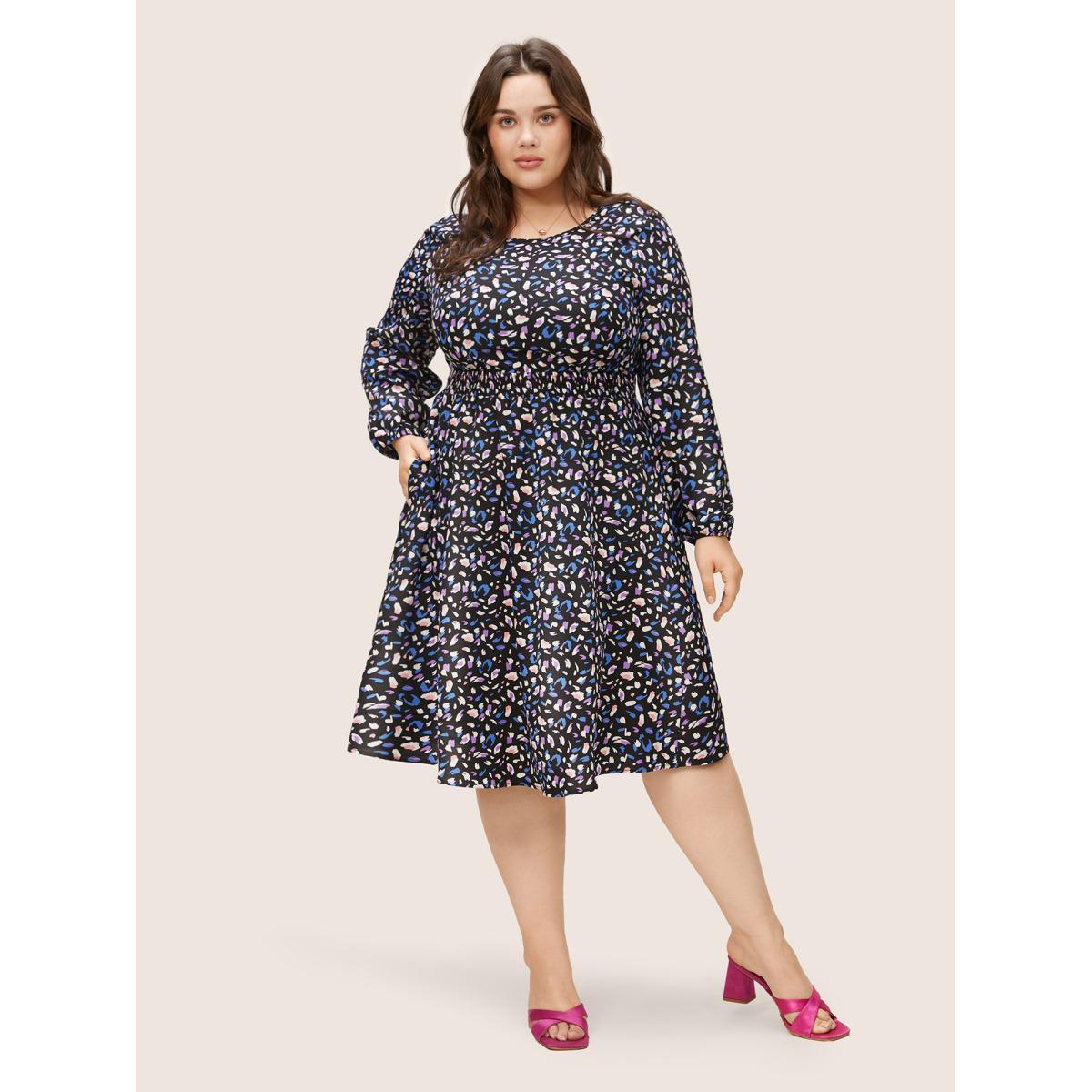 Plus Size Colored Leopard Print Elastic Cuffs Shirred Dress Black Women Elegant Non Round Neck Long Sleeve Curvy Knee Dress BloomChic 28/5X Product Image