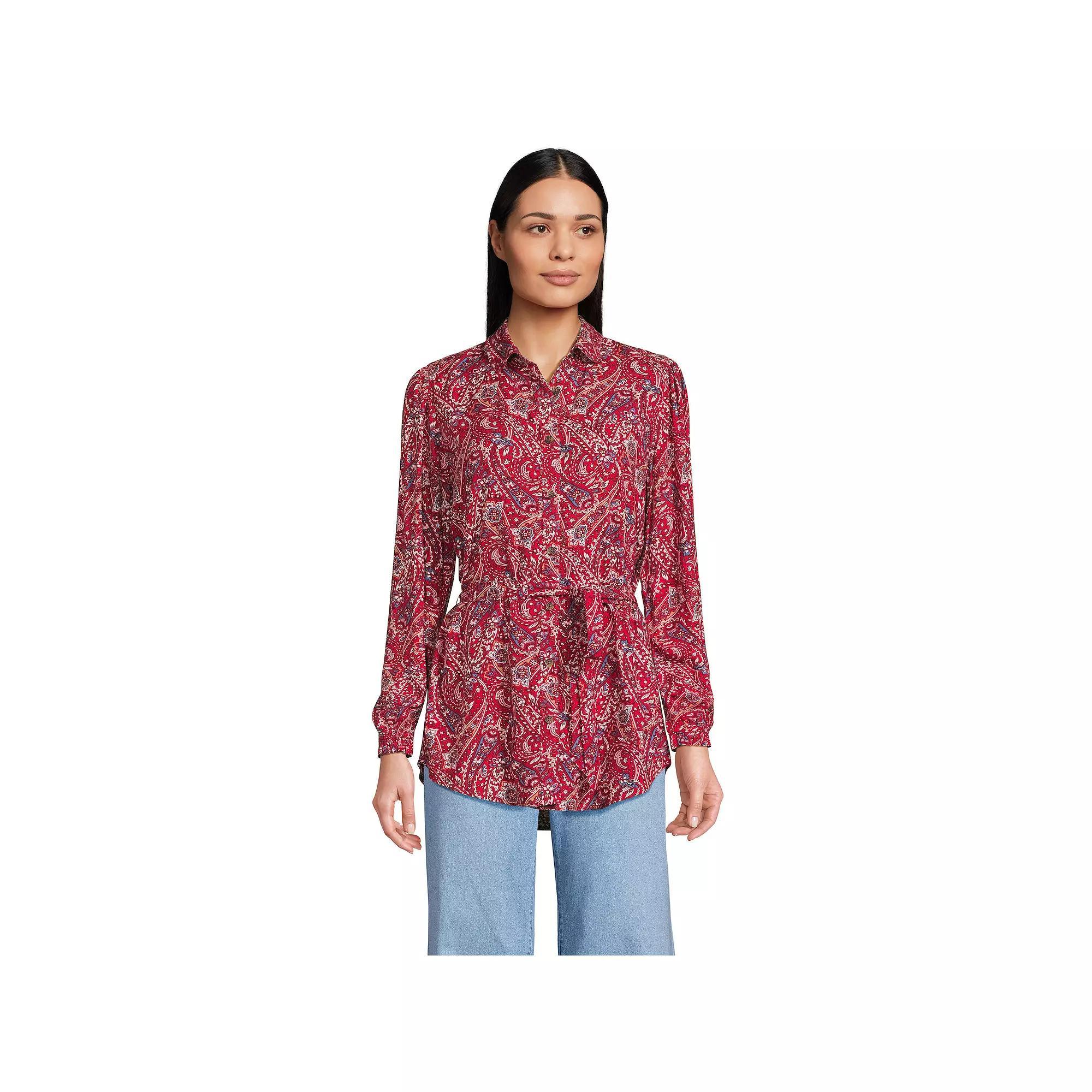 Women's Lands' End Tie Waist Shirt, Size: Medium, Tawny Brown Paisley Product Image