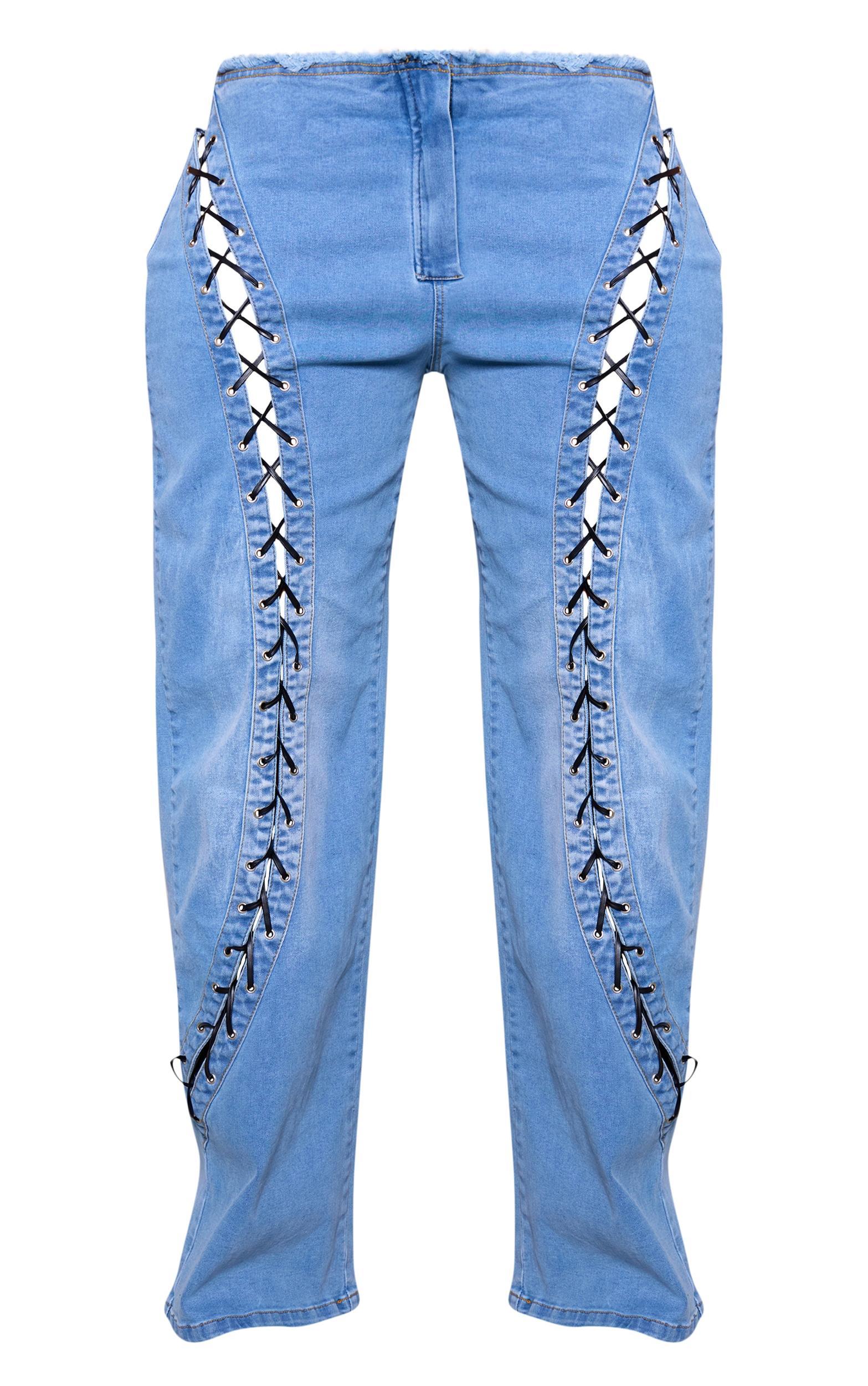 Shape Light Blue Denim Lace Up Front Raw Waist Wide Leg Jeans Product Image